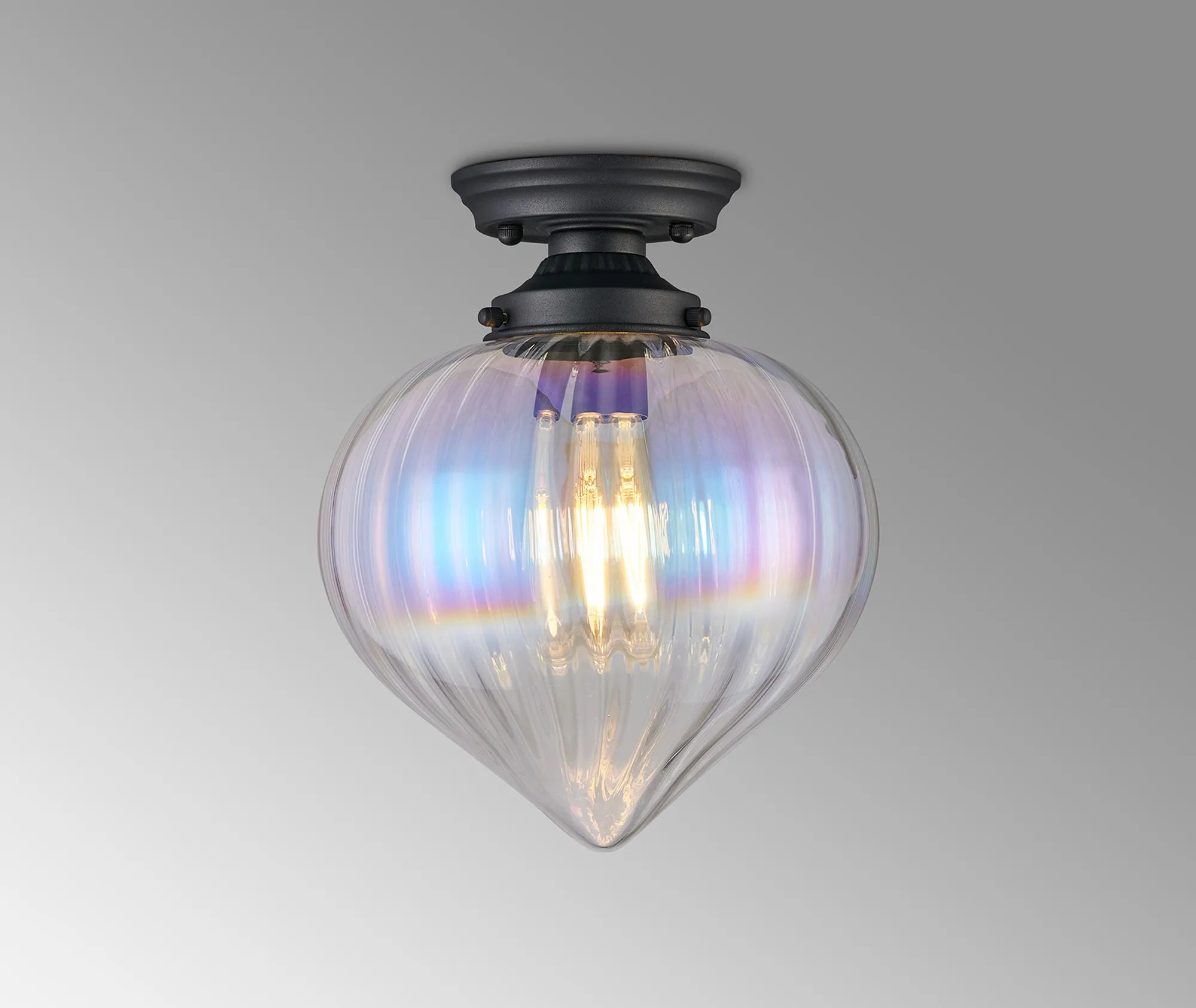 Grove Flush Ceiling Light with Flower Bud Shade - Satin Black & Iridescent Faded