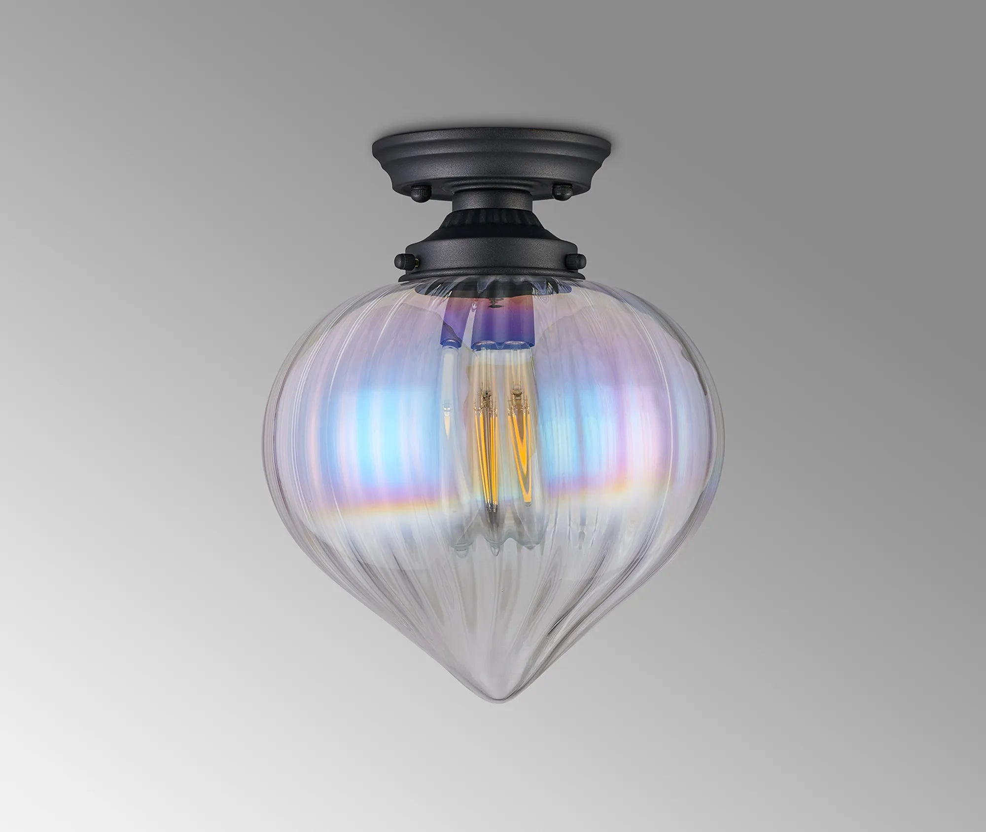 Grove Flush Ceiling Light with Flower Bud Shade - Satin Black & Iridescent Faded