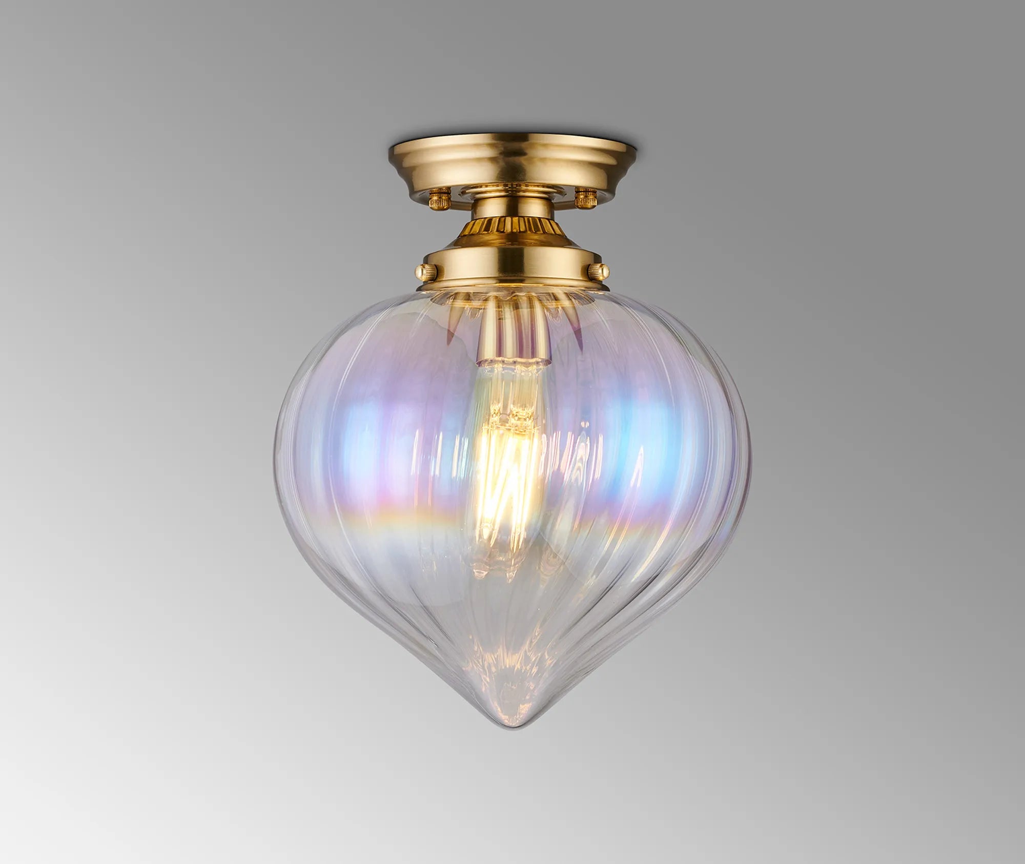 Grove Flush Ceiling Light with Flower Bud Shade - Brass & Iridescent Faded