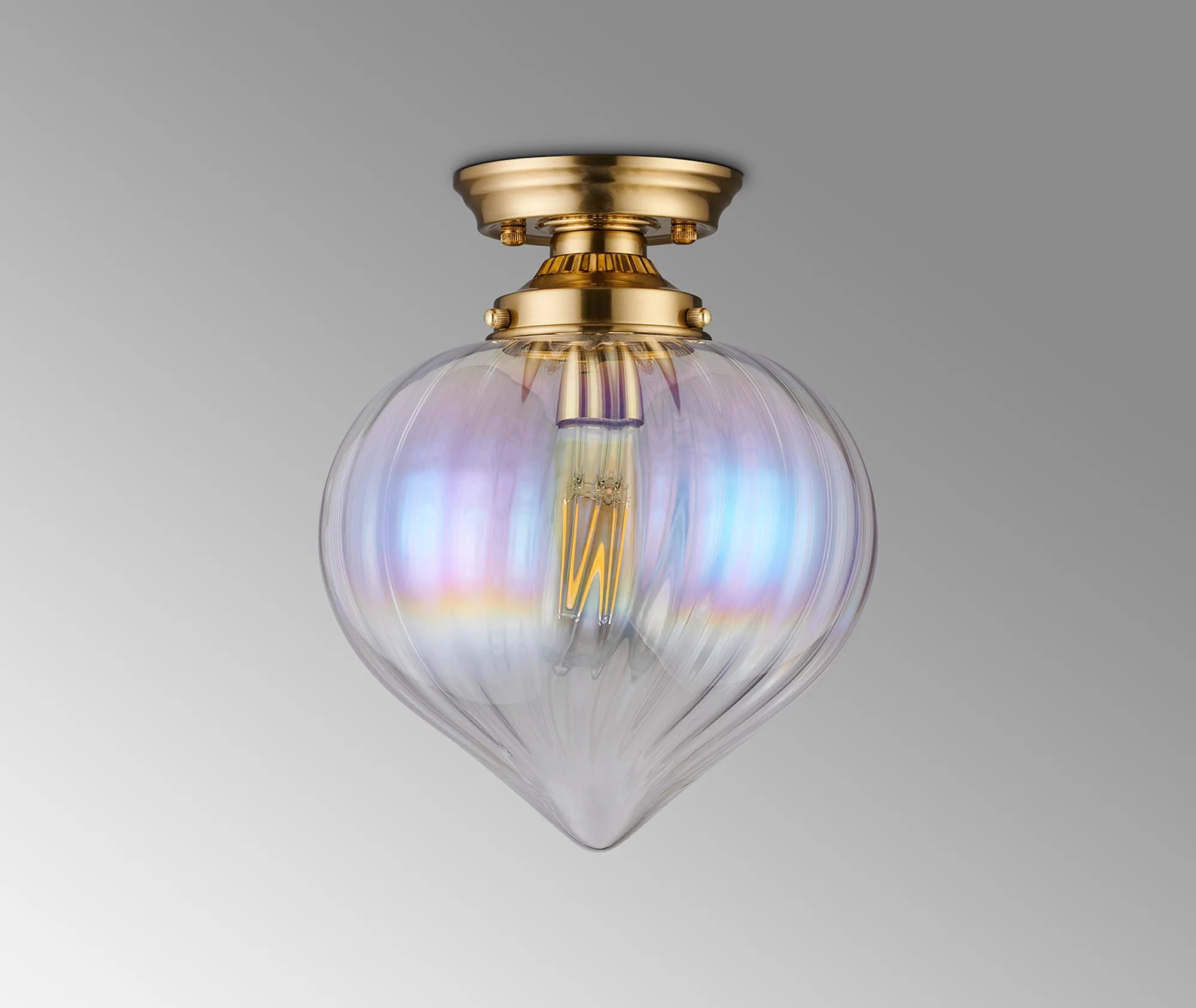 Grove Flush Ceiling Light with Flower Bud Shade - Brass & Iridescent Faded