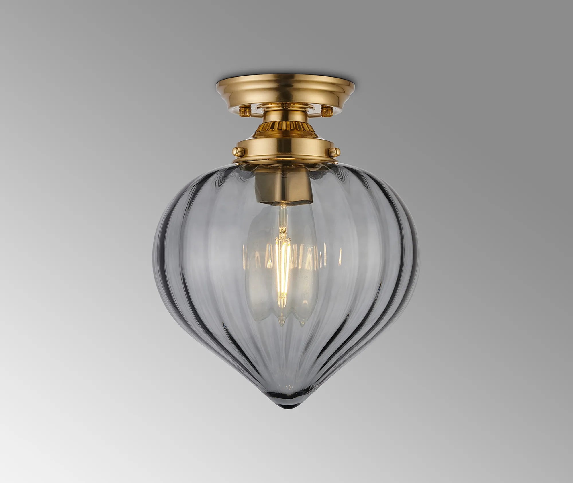 Grove Flush Ceiling Light with Flower Bud Shade - Brass & Smoke