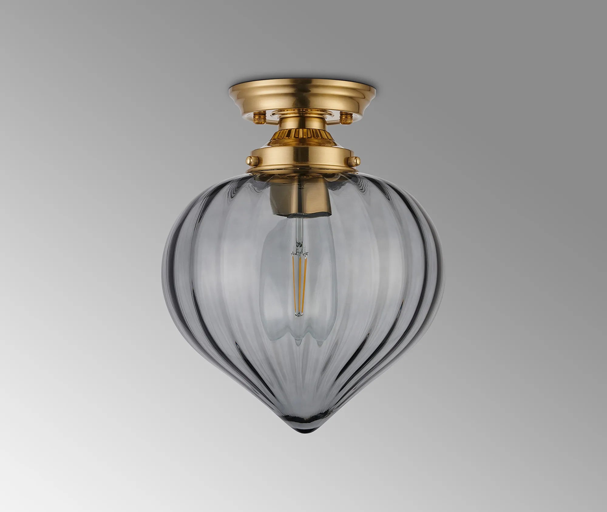 Grove Flush Ceiling Light with Flower Bud Shade - Brass & Smoke