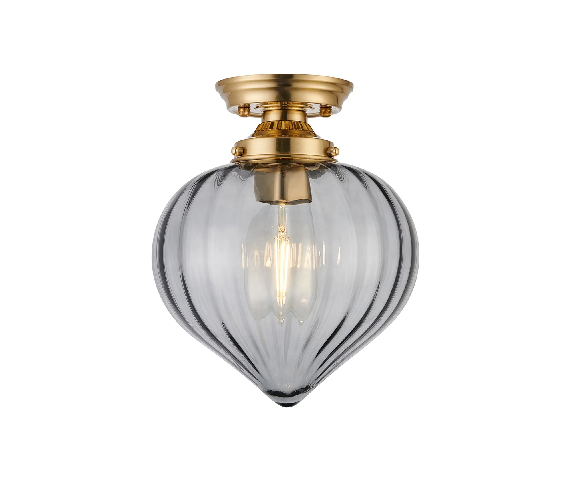 Grove Flush Ceiling Light with Flower Bud Shade - Brass & Smoke