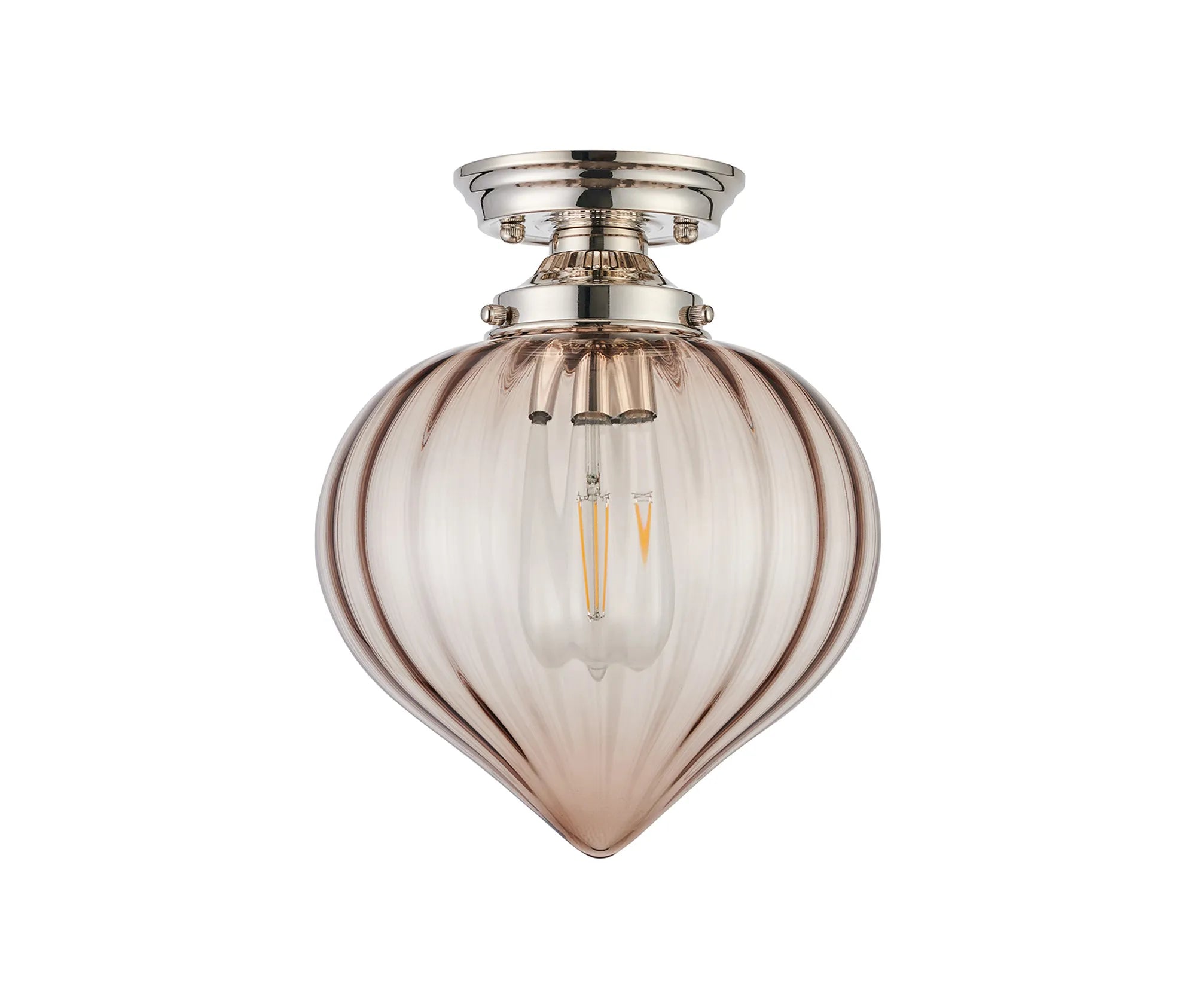 Grove Flush Ceiling Light with Flower Bud Shade - Polished Nickel & Cognac