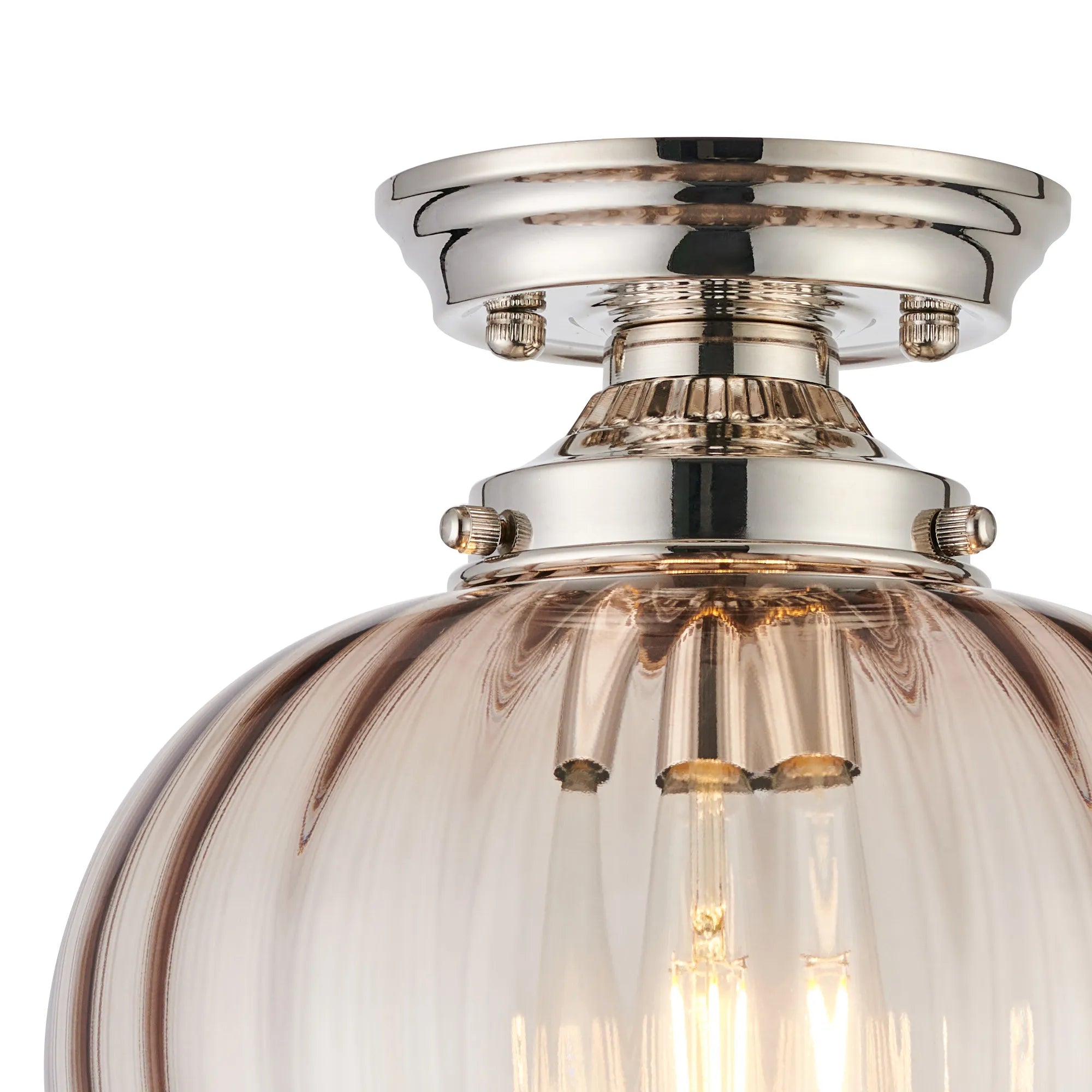 Grove Flush Ceiling Light with Flower Bud Shade - Polished Nickel & Cognac