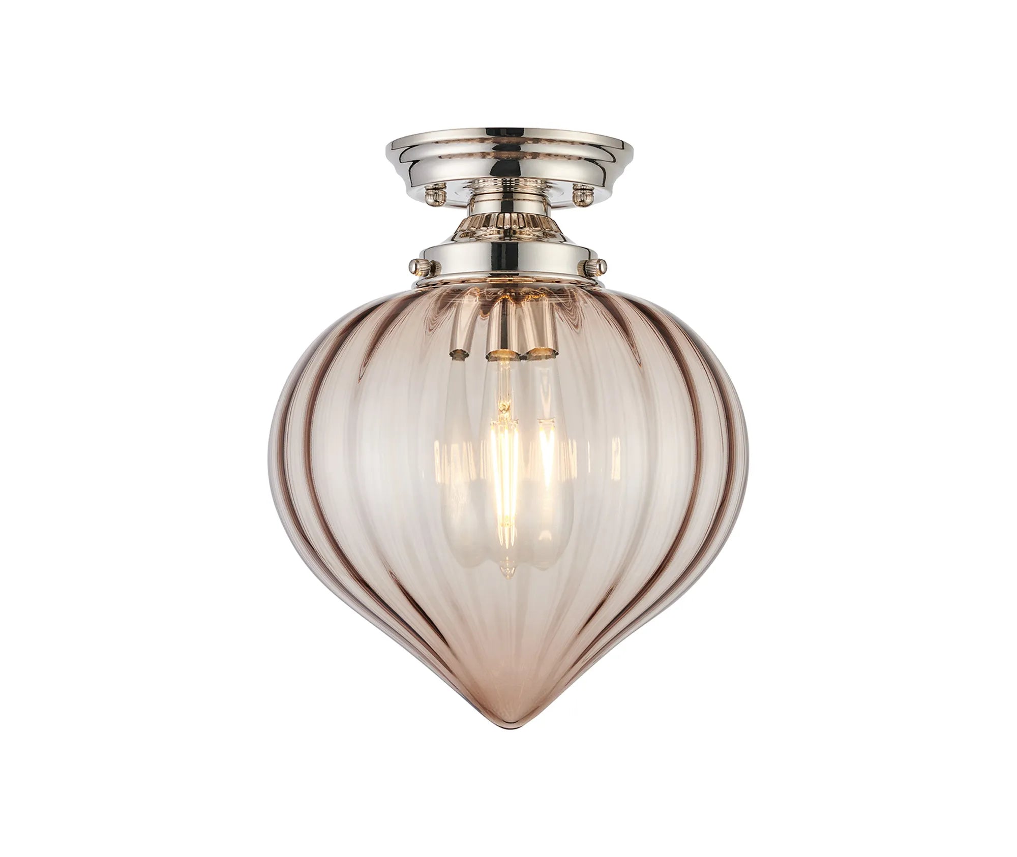 Grove Flush Ceiling Light with Flower Bud Shade - Polished Nickel & Cognac