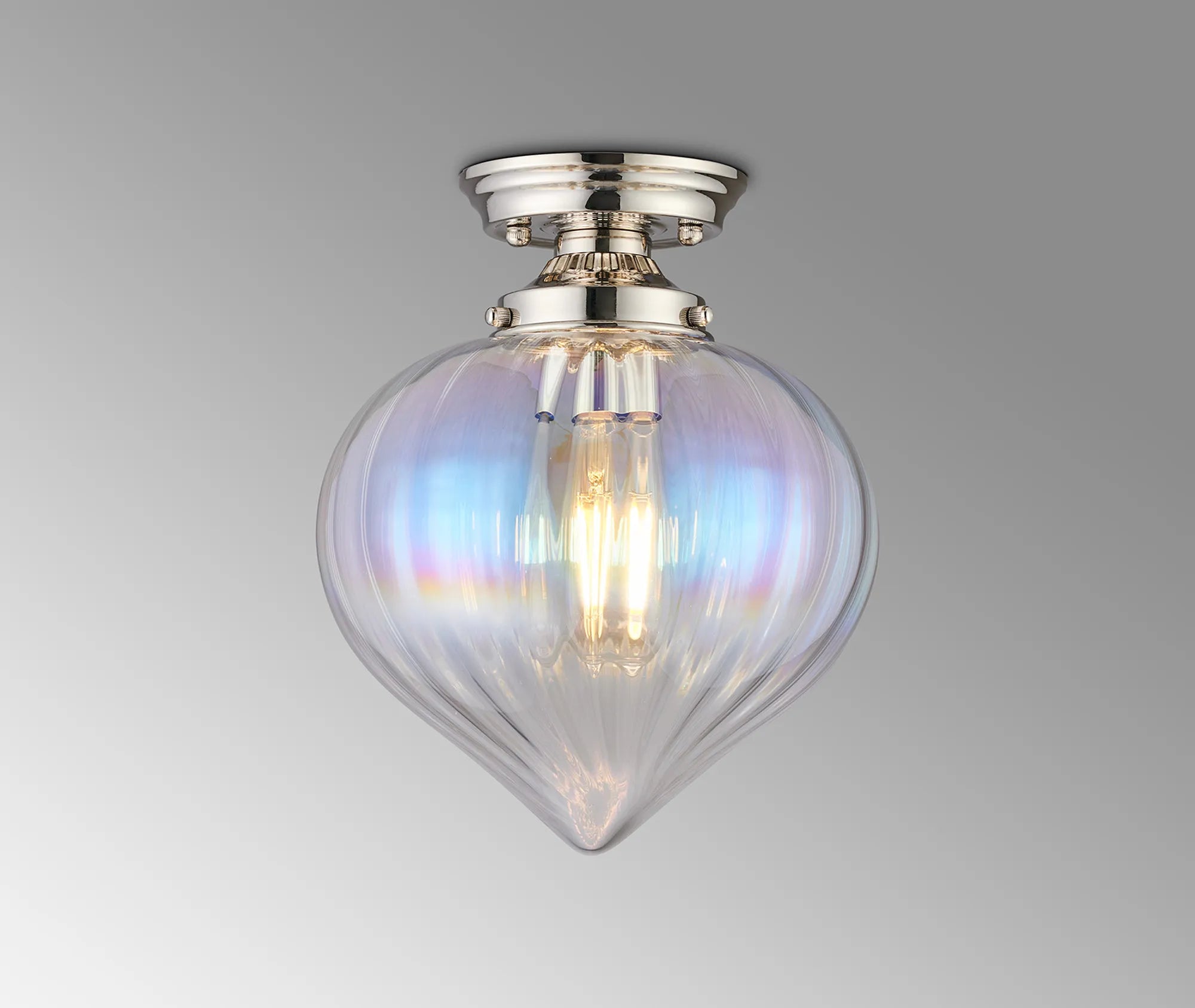 Grove Flush Ceiling Light with Flower Bud Shade - Polished Nickel & Iridescent Faded