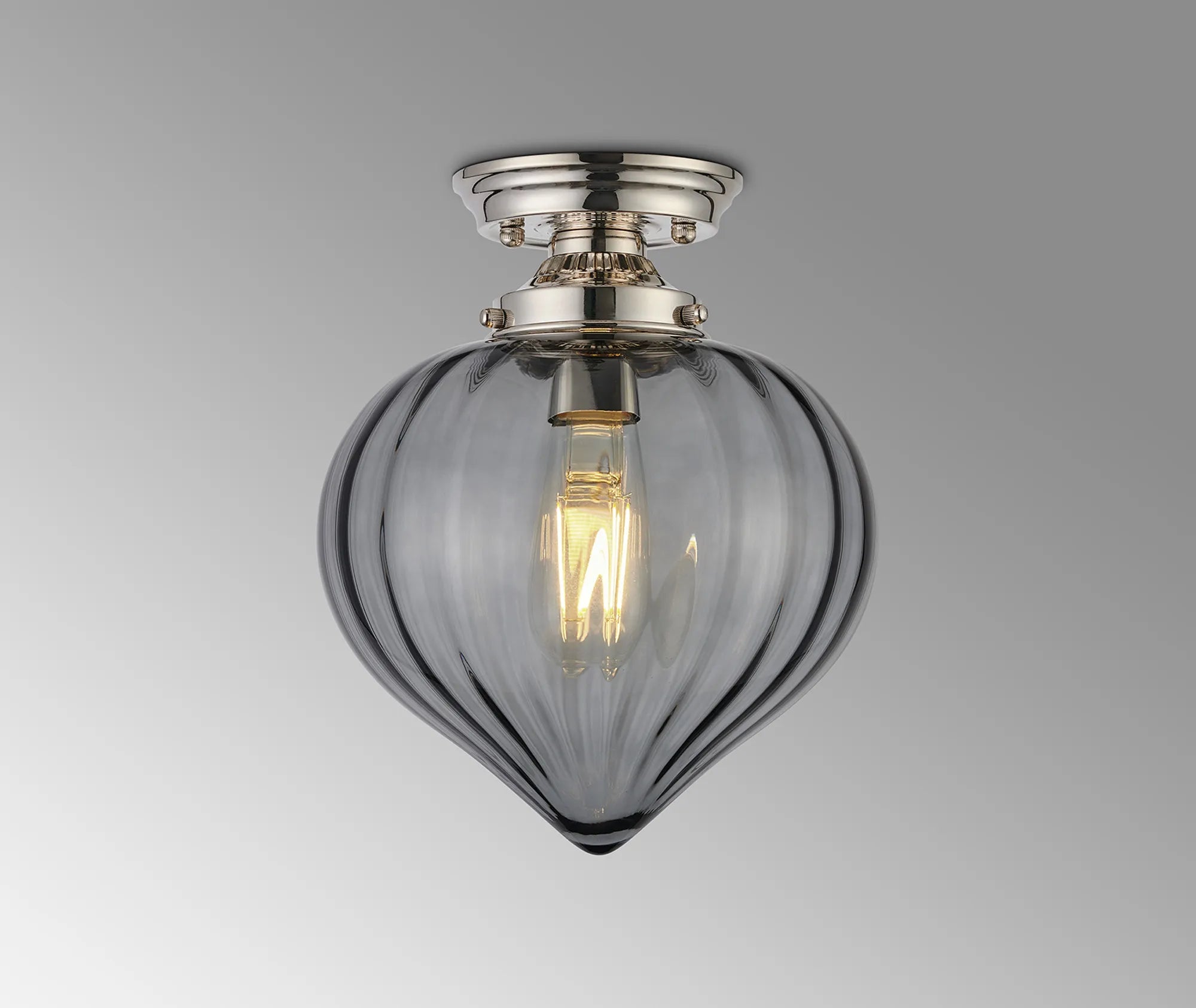 Grove Flush Ceiling Light with Flower Bud Shade - Polished Nickel & Smoke