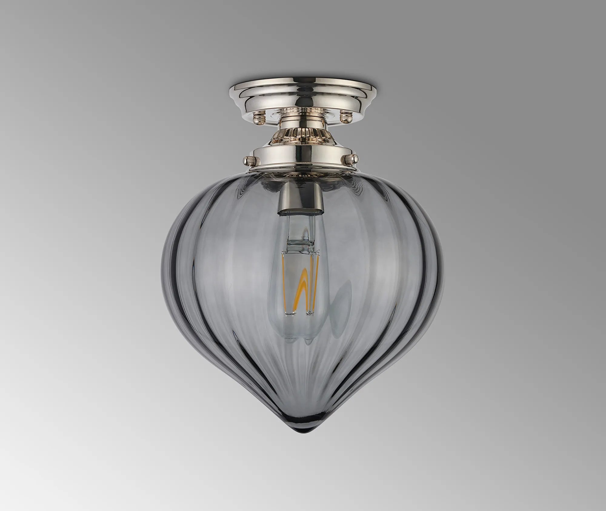 Grove Flush Ceiling Light with Flower Bud Shade - Polished Nickel & Smoke