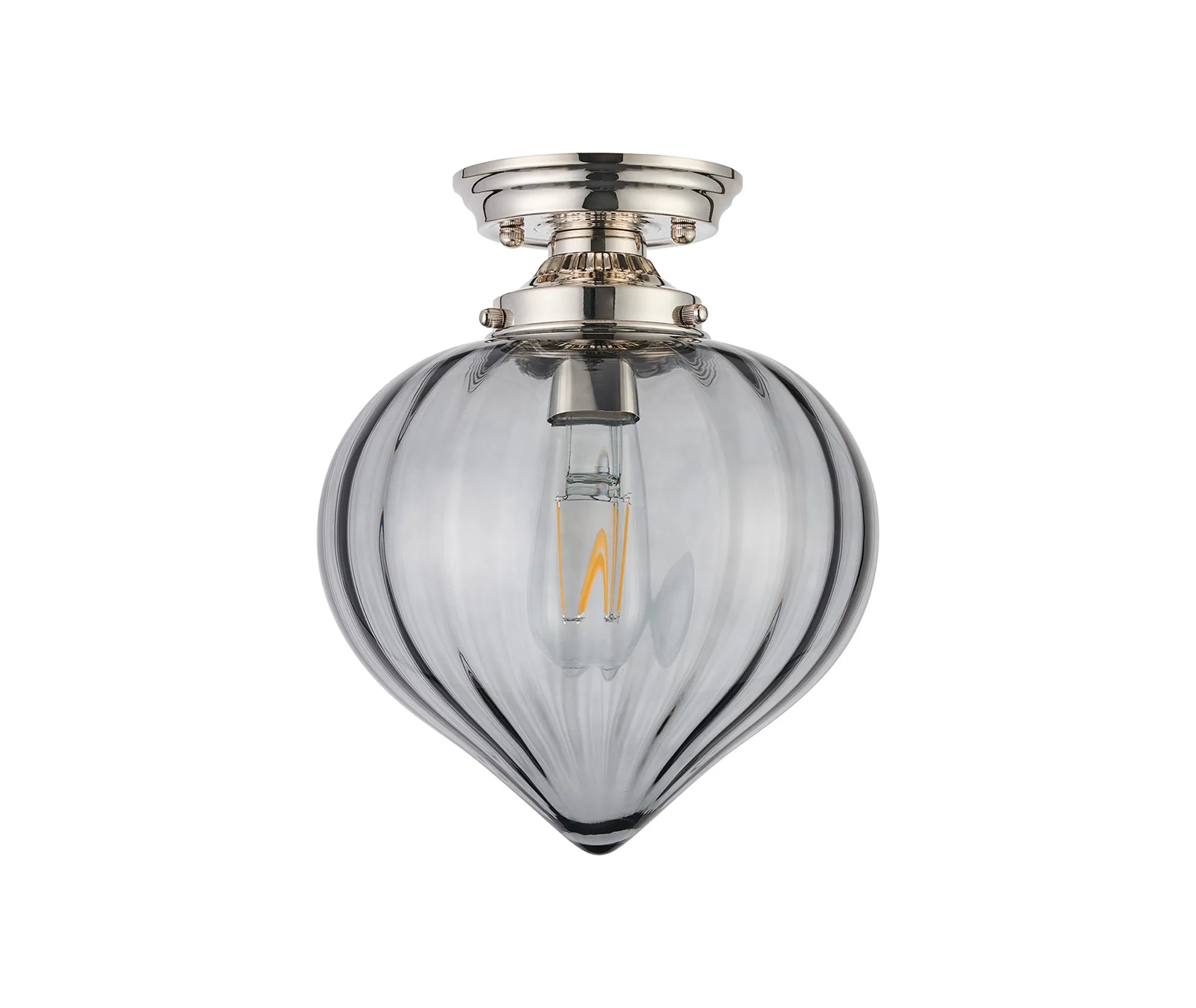 Grove Flush Ceiling Light with Flower Bud Shade - Polished Nickel & Smoke
