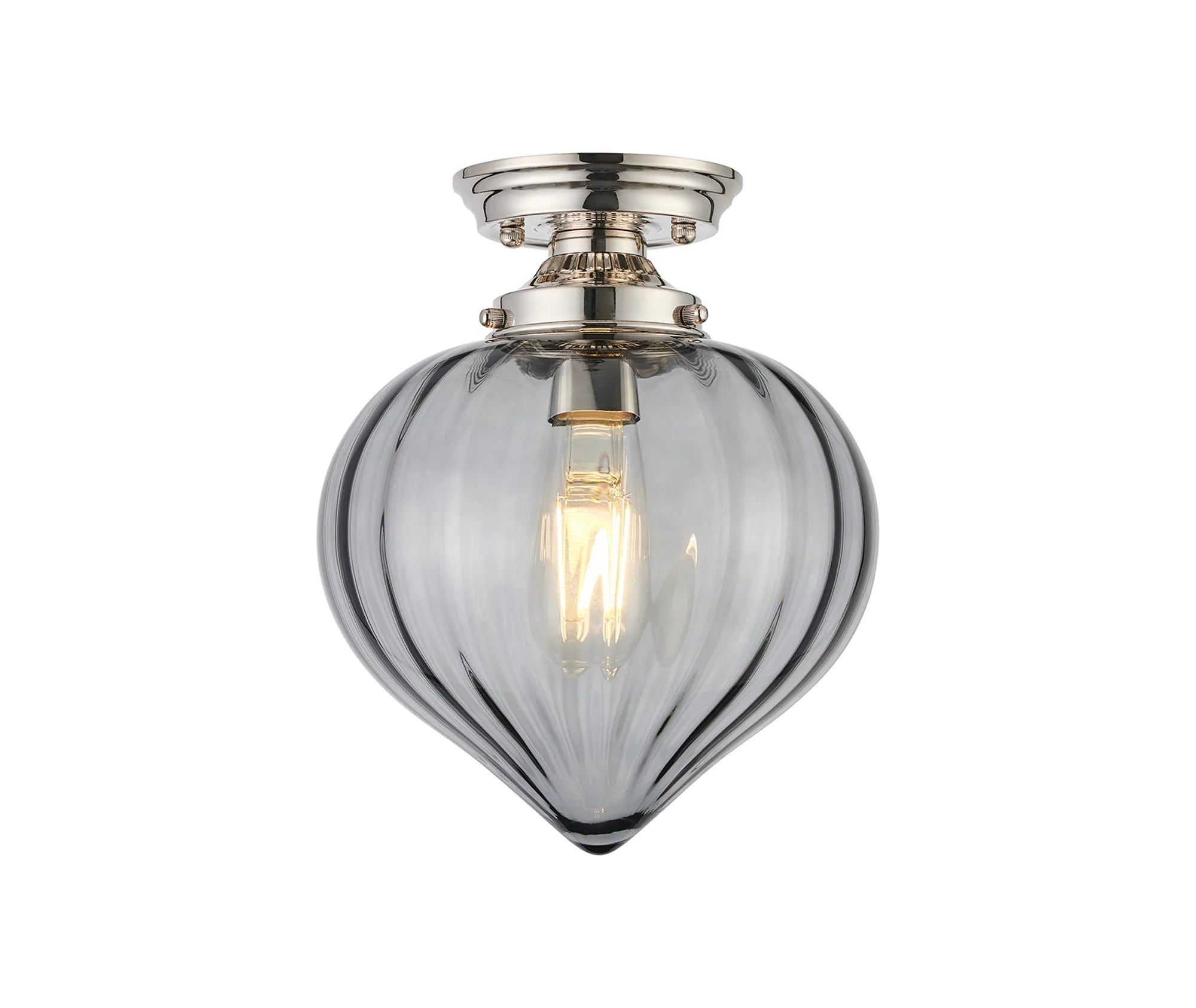 Grove Flush Ceiling Light with Flower Bud Shade - Polished Nickel & Smoke