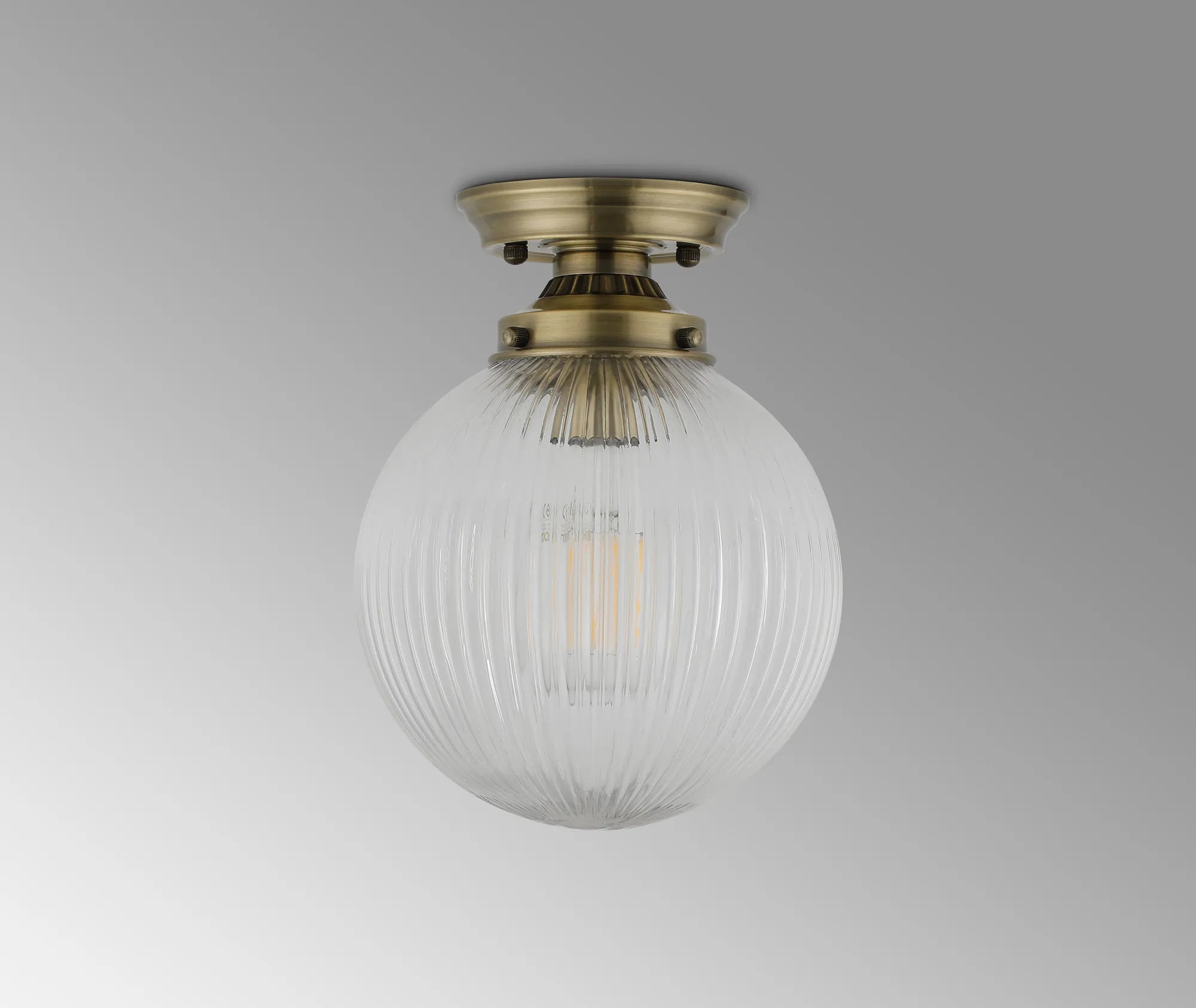 Grove Flush Ceiling Light with 20cm Acorn Ribbed Glass -Antique Brass & Clear