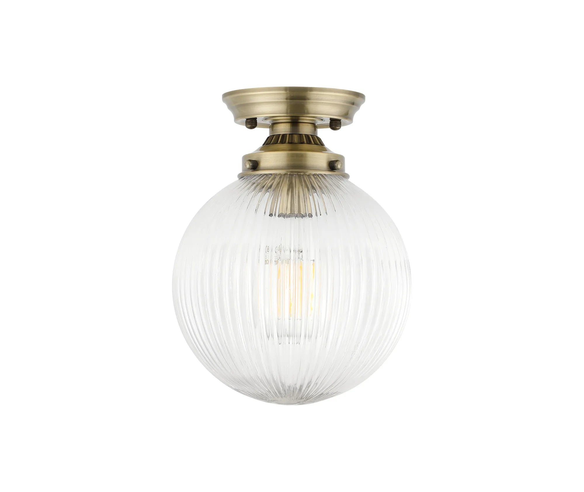 Grove Flush Ceiling Light with 20cm Acorn Ribbed Glass -Antique Brass & Clear