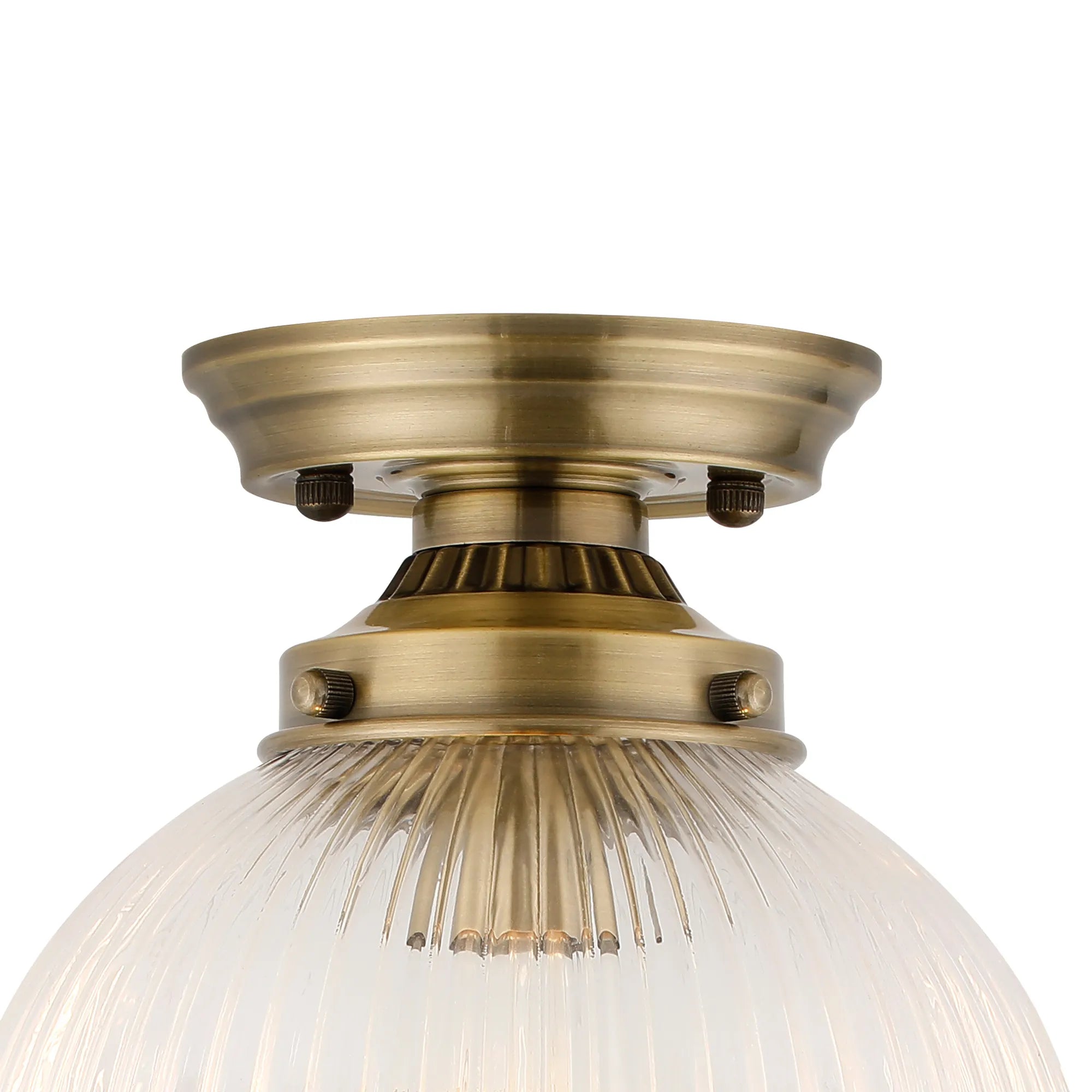 Grove Flush Ceiling Light with 20cm Acorn Ribbed Glass -Antique Brass & Clear