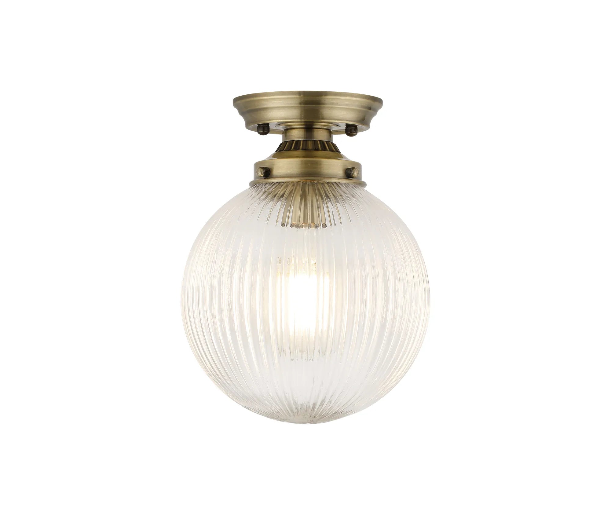 Grove Flush Ceiling Light with 20cm Acorn Ribbed Glass -Antique Brass & Clear
