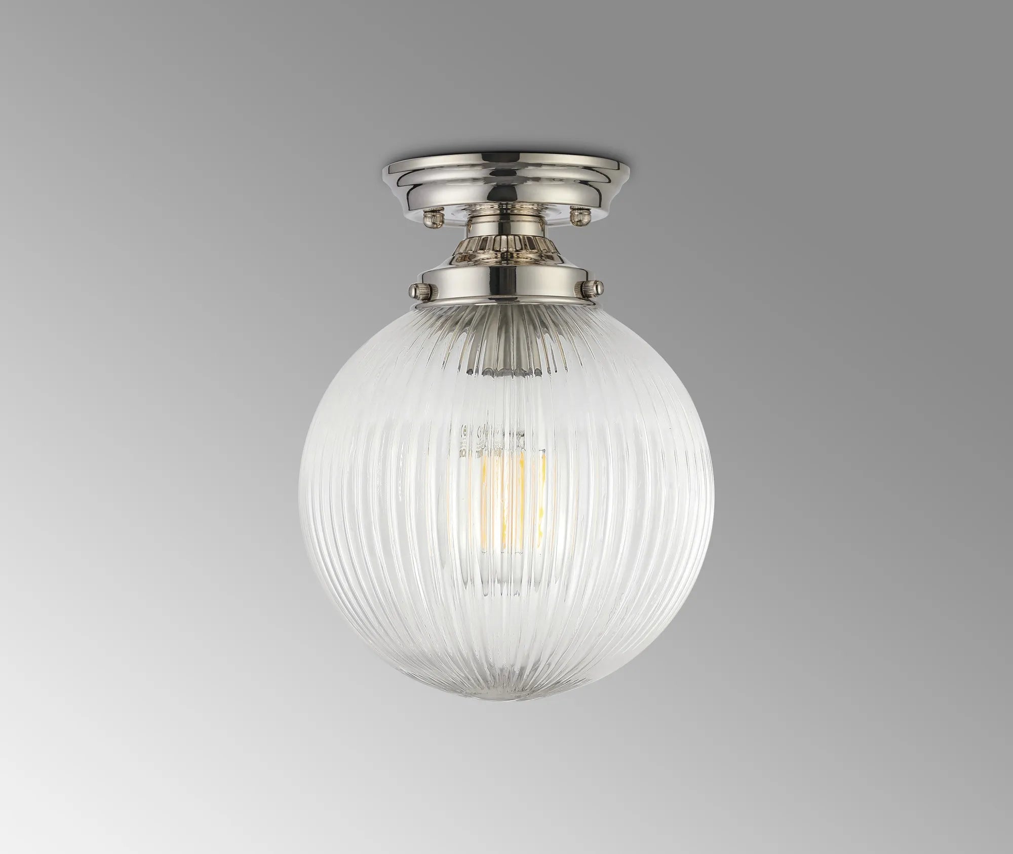 Grove Flush Ceiling Light with 20cm Acorn Ribbed Glass -Polished Nickel & Clear
