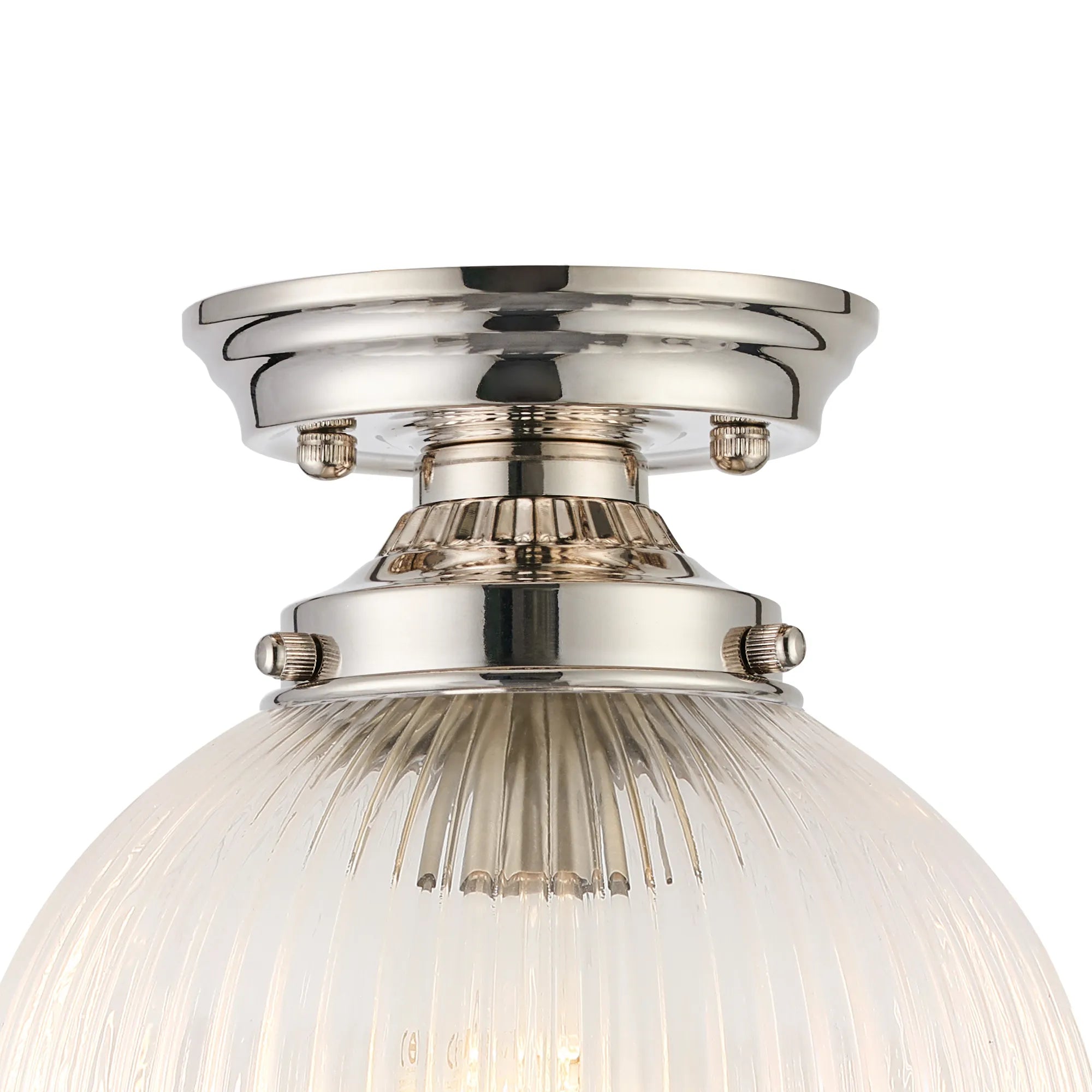 Grove Flush Ceiling Light with 20cm Acorn Ribbed Glass -Polished Nickel & Clear