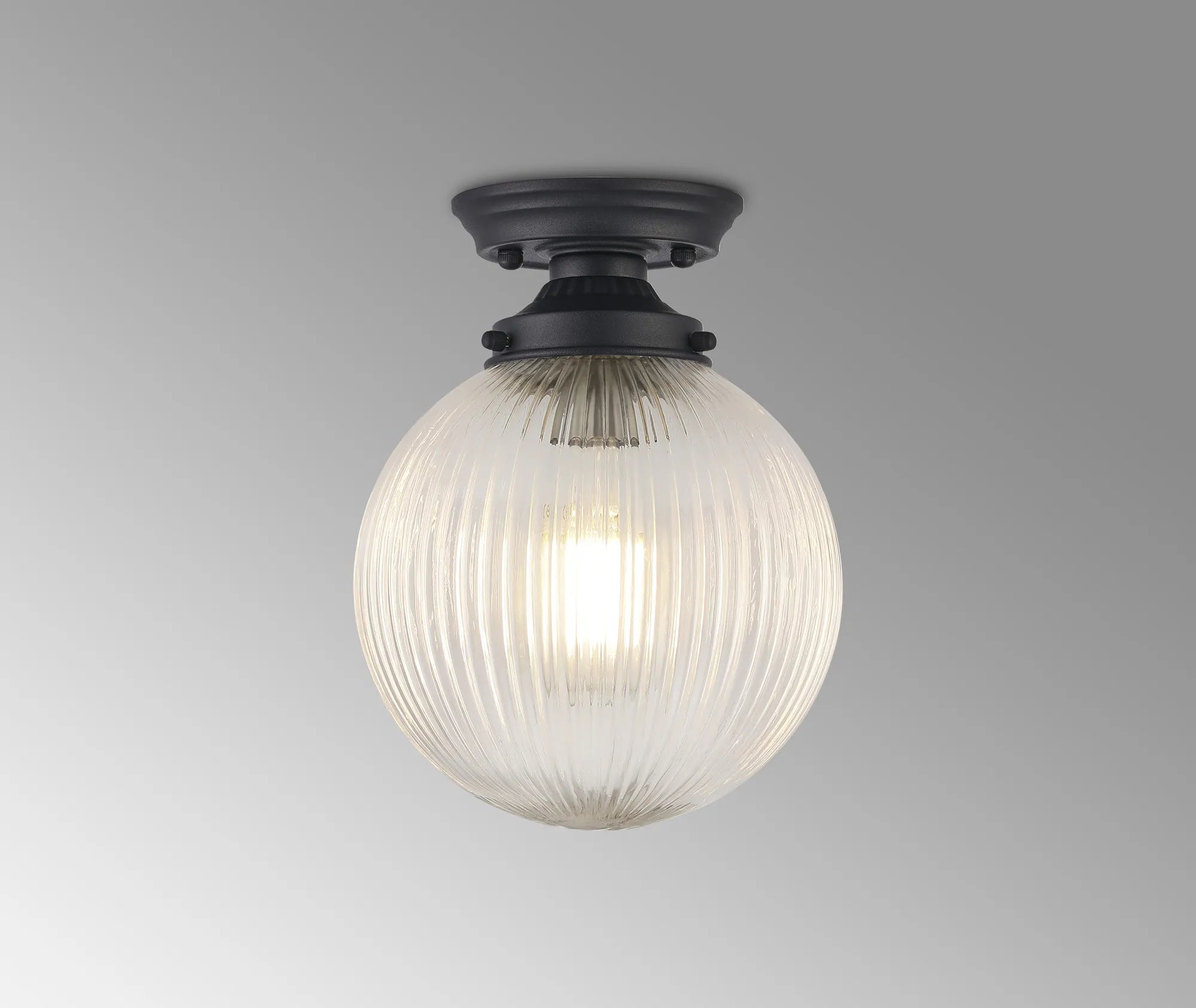Grove Flush Ceiling Light with 20cm Acorn Ribbed Glass -Satin Black & Clear