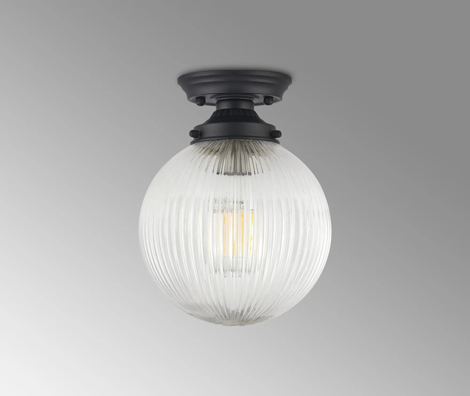 Grove Flush Ceiling Light with 20cm Acorn Ribbed Glass -Satin Black & Clear