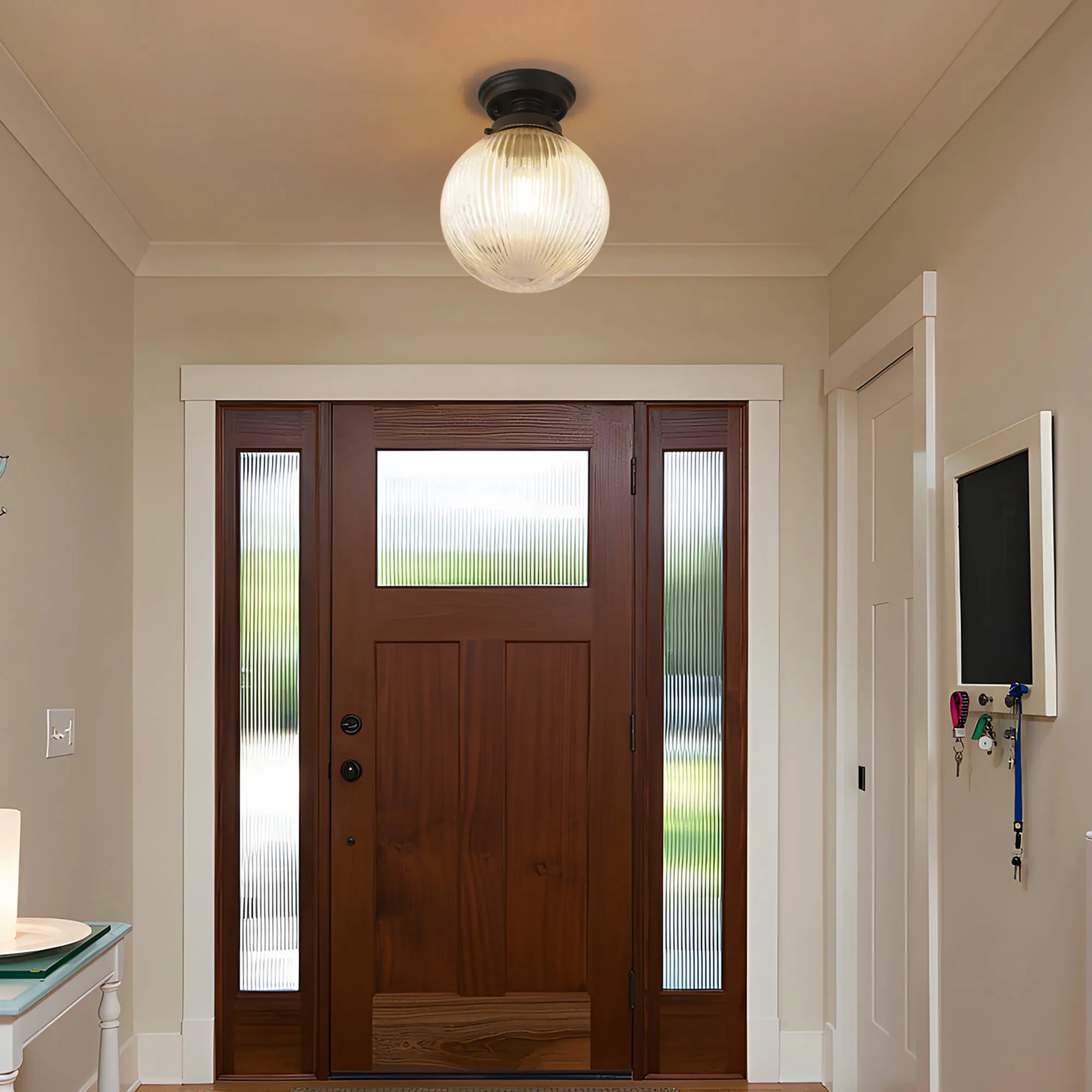 Grove Flush Ceiling Light with 20cm Acorn Ribbed Glass -Satin Black & Clear