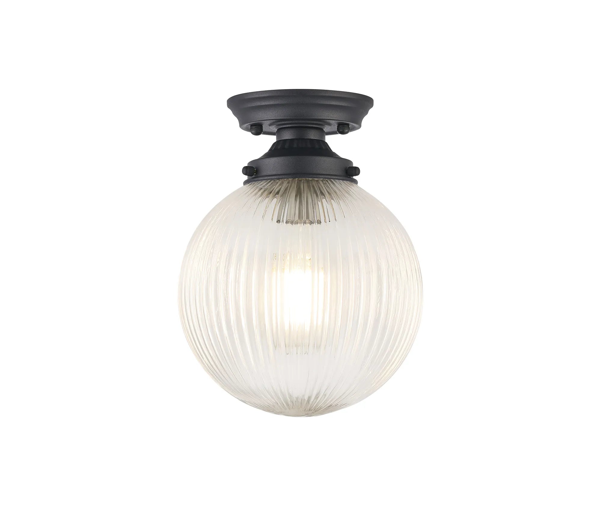 Grove Flush Ceiling Light with 20cm Acorn Ribbed Glass -Satin Black & Clear