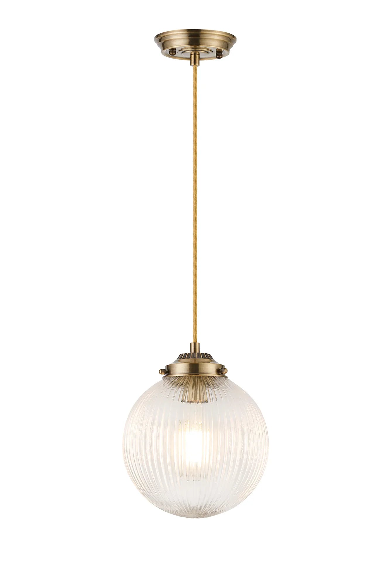 Grove Single Pendant with 20cm Acorn Ribbed Glass -Antique Brass & Golden Brown Braided Braided Cable & Clear