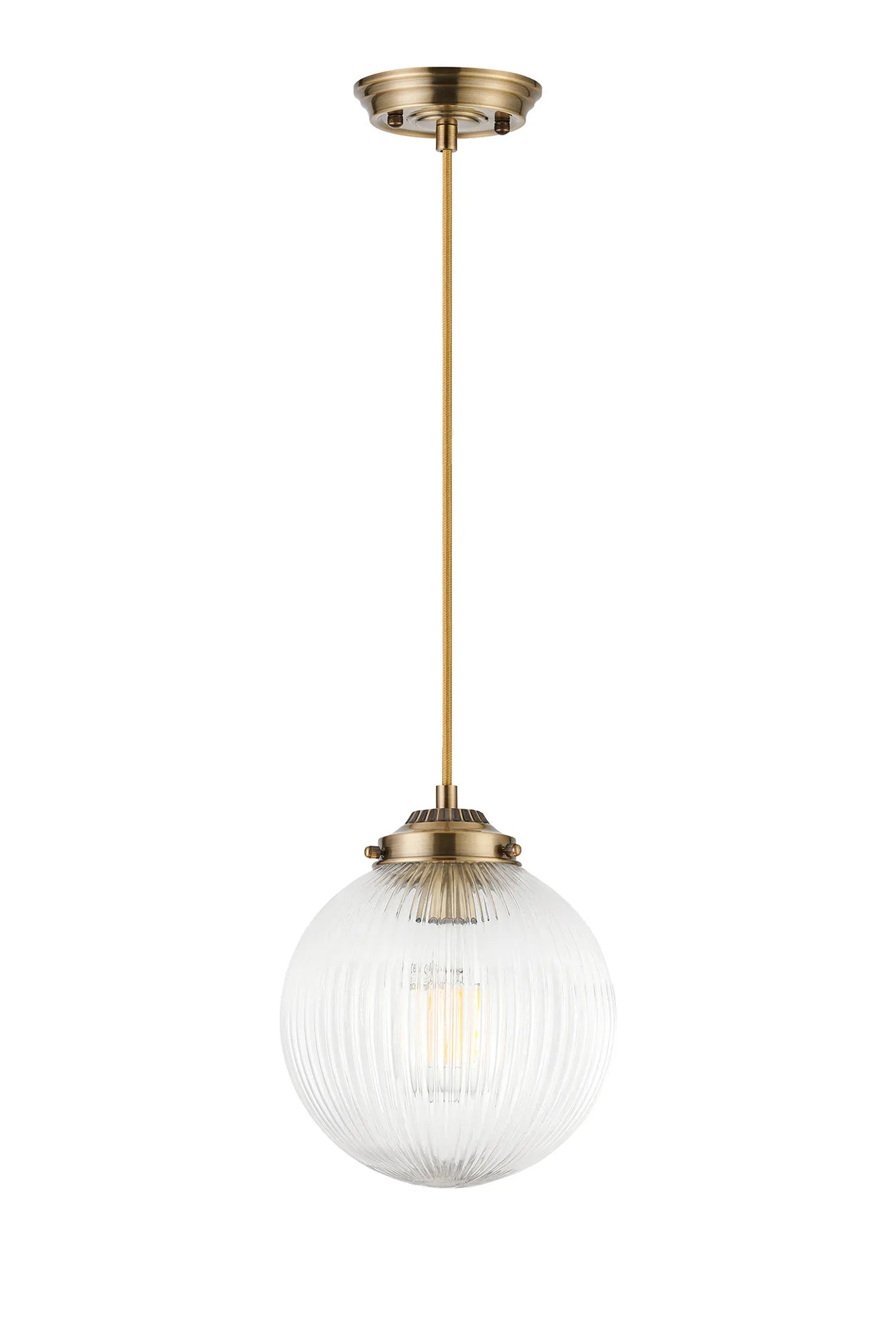 Grove Single Pendant with 20cm Acorn Ribbed Glass -Antique Brass & Golden Brown Braided Braided Cable & Clear