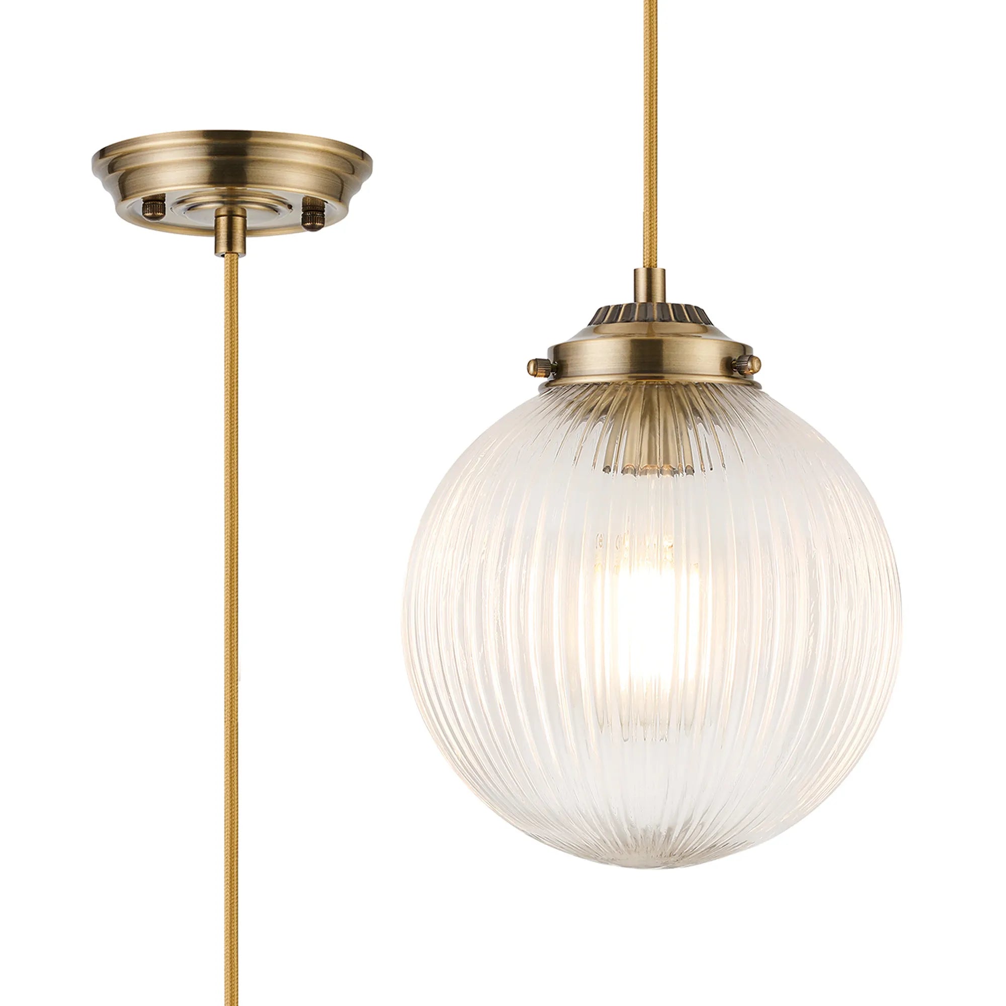 Grove Single Pendant with 20cm Acorn Ribbed Glass -Antique Brass & Golden Brown Braided Braided Cable & Clear