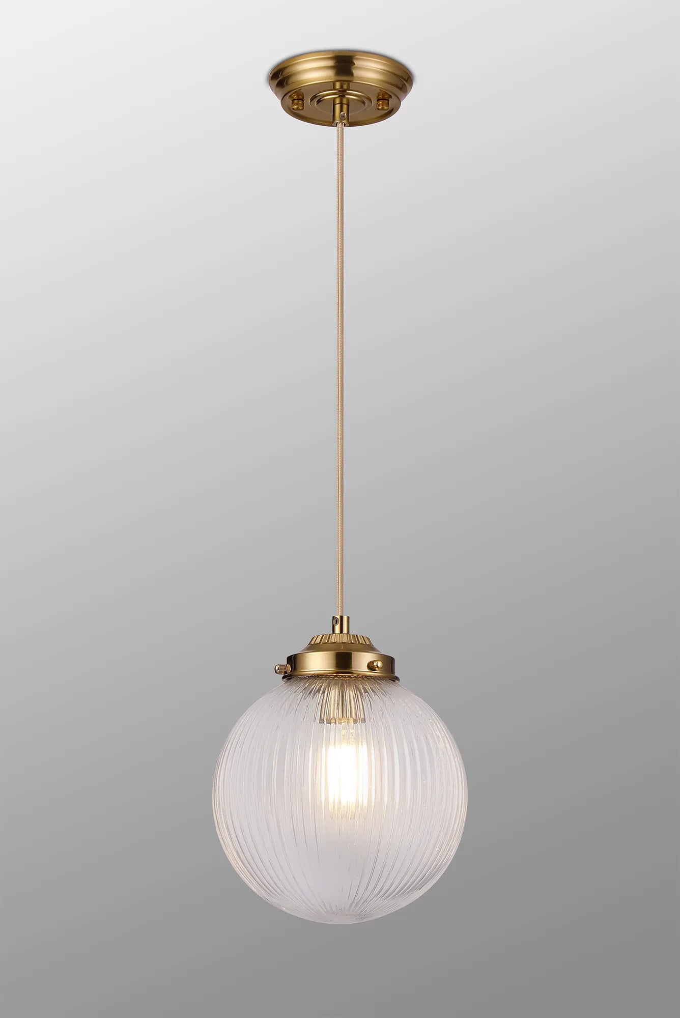 Grove Single Pendant with 20cm Acorn Ribbed Glass -Brass & Pale Gold Braided Cable & Clear