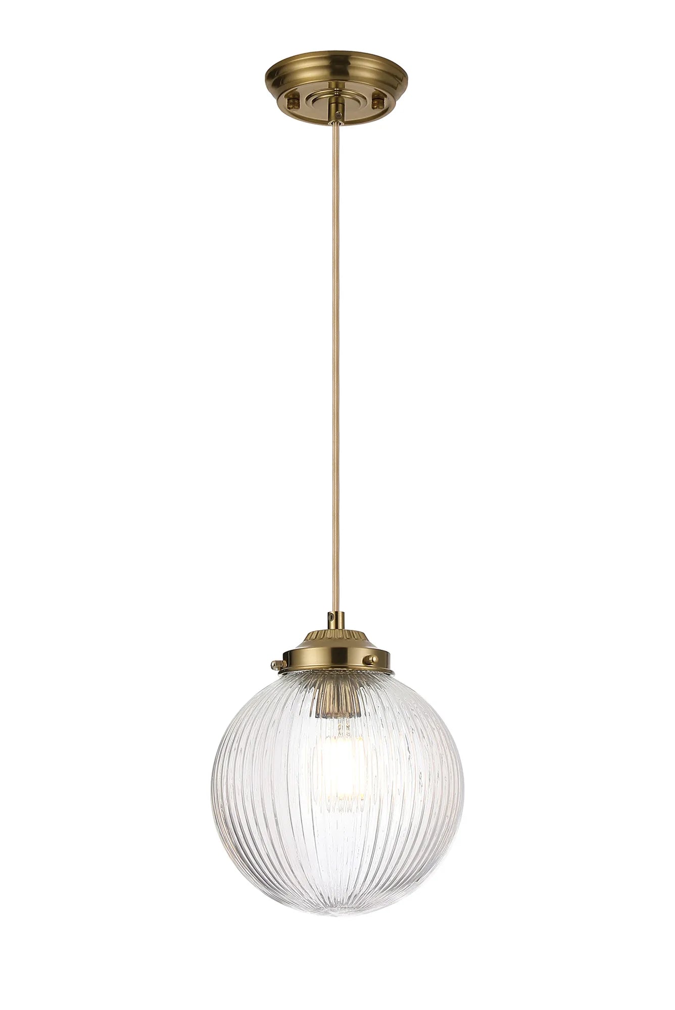 Grove Single Pendant with 20cm Acorn Ribbed Glass -Brass & Pale Gold Braided Cable & Clear