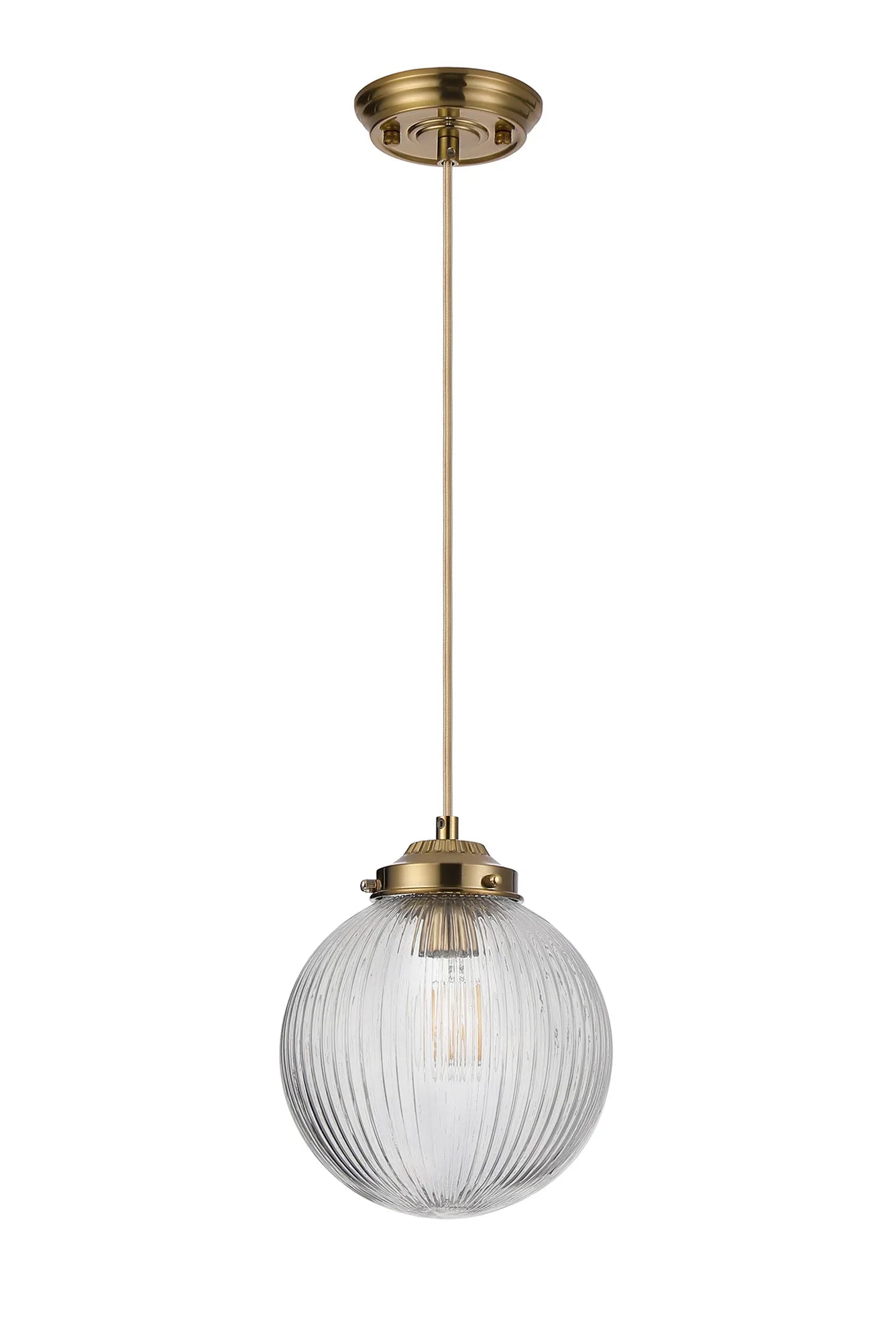 Grove Single Pendant with 20cm Acorn Ribbed Glass -Brass & Pale Gold Braided Cable & Clear