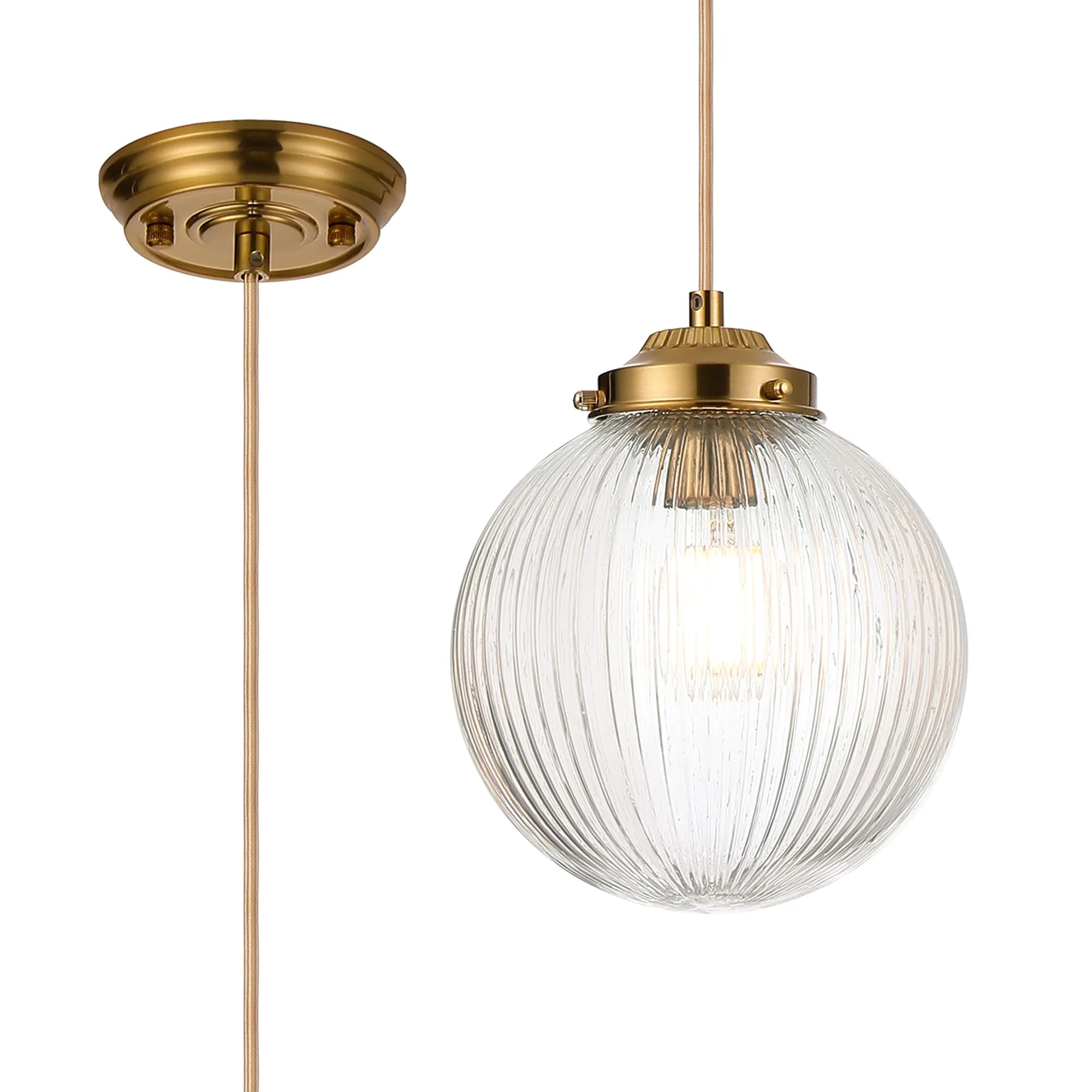 Grove Single Pendant with 20cm Acorn Ribbed Glass -Brass & Pale Gold Braided Cable & Clear