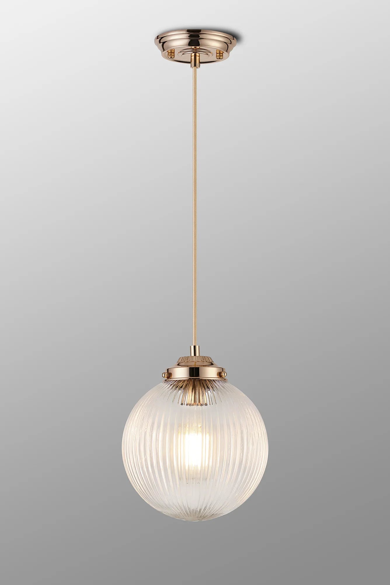 Grove Single Pendant with 20cm Acorn Ribbed Glass -French Gold & Gold Braided Braided Cable & Clear