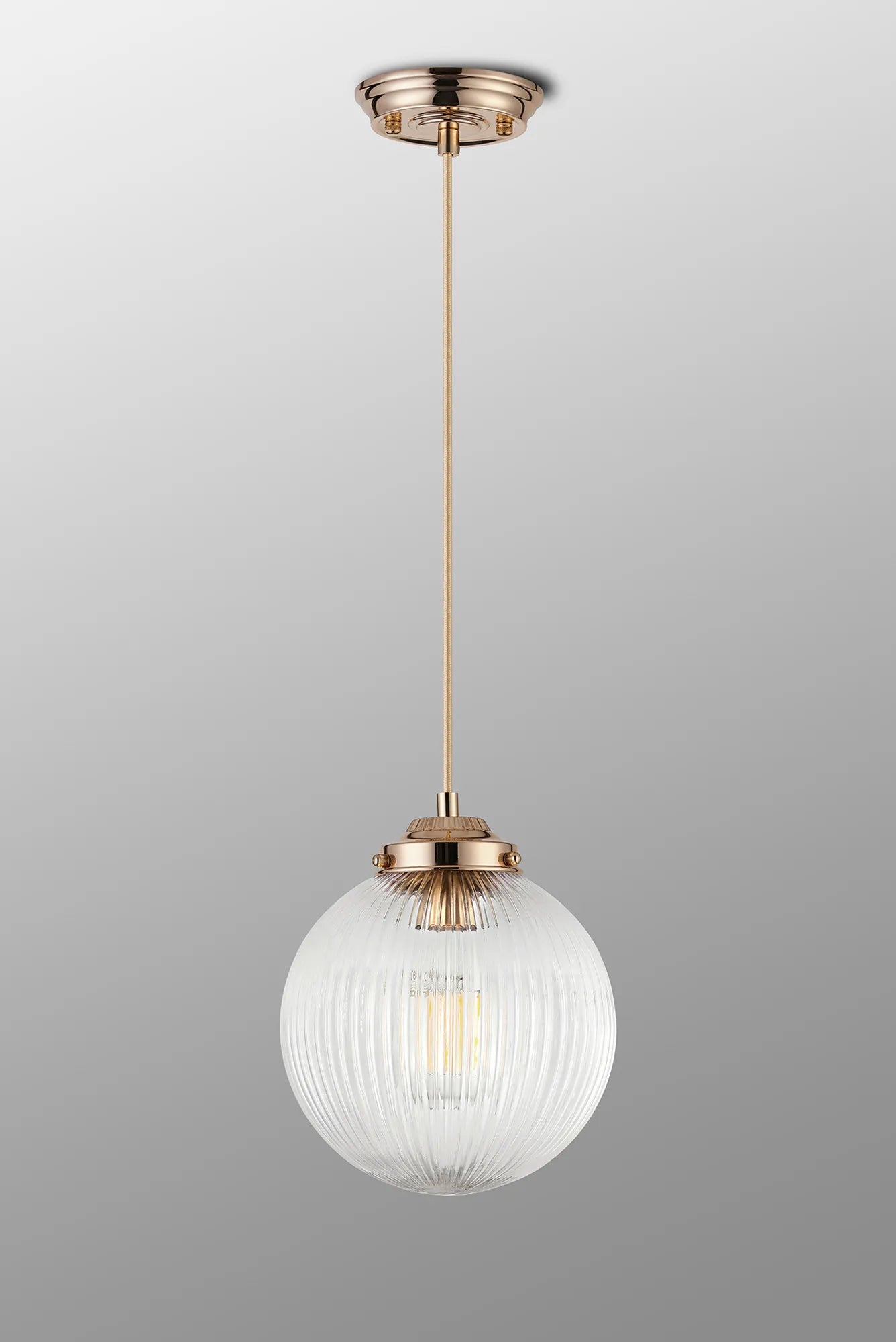 Grove Single Pendant with 20cm Acorn Ribbed Glass -French Gold & Gold Braided Braided Cable & Clear