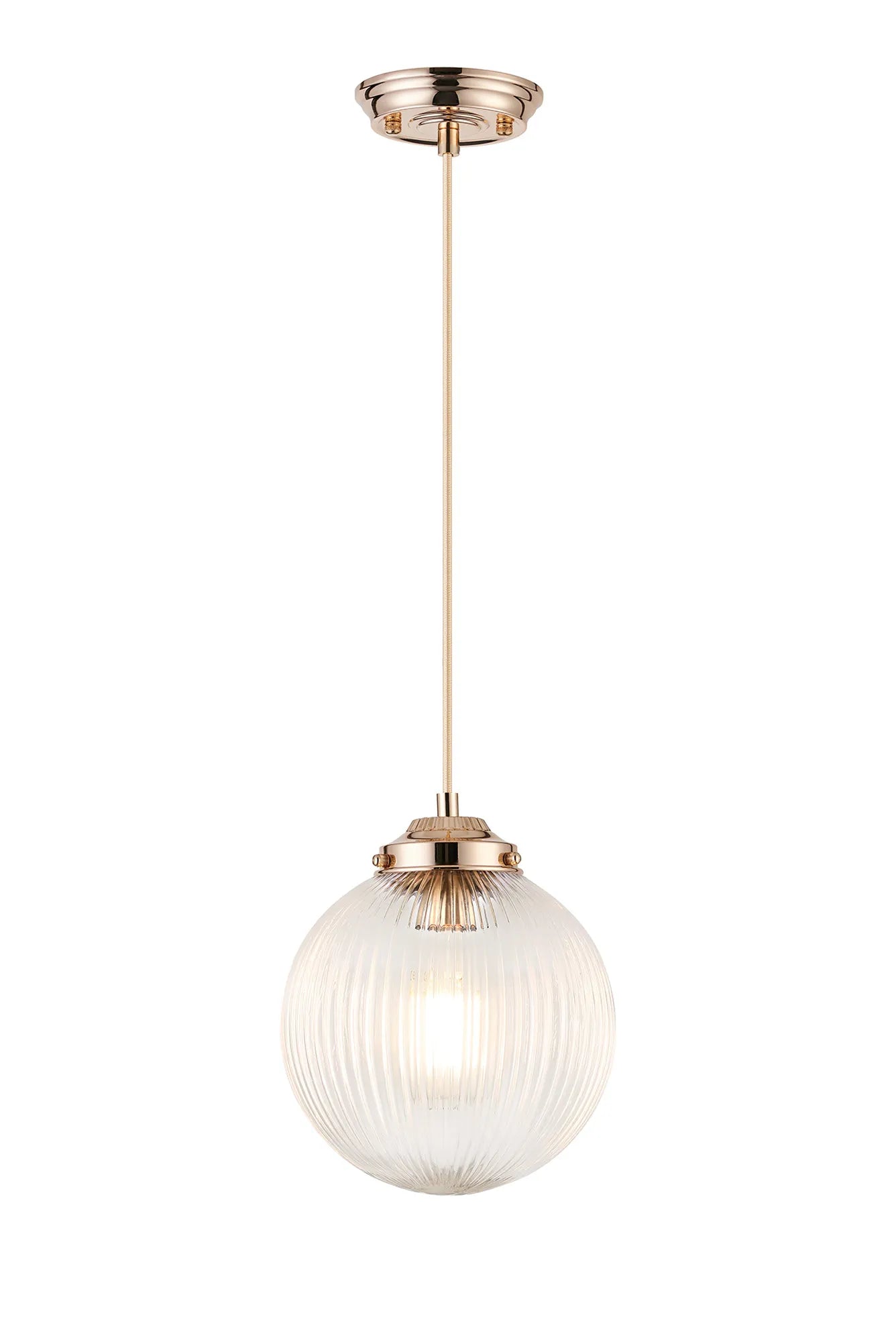 Grove Single Pendant with 20cm Acorn Ribbed Glass -French Gold & Gold Braided Braided Cable & Clear
