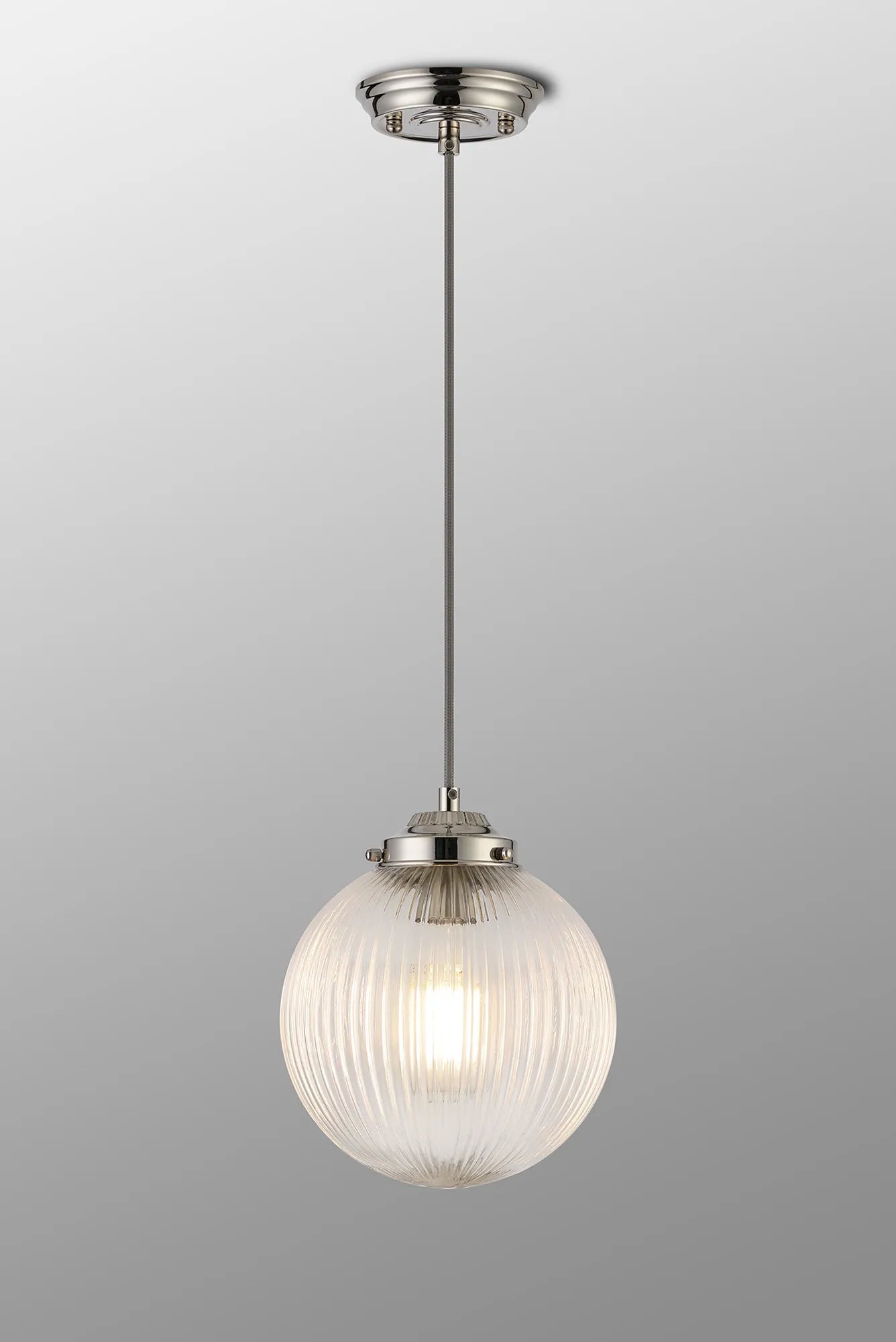 Grove Single Pendant with 20cm Acorn Ribbed Glass -Polished Nickel & Grey Braided Braided Cable & Clear
