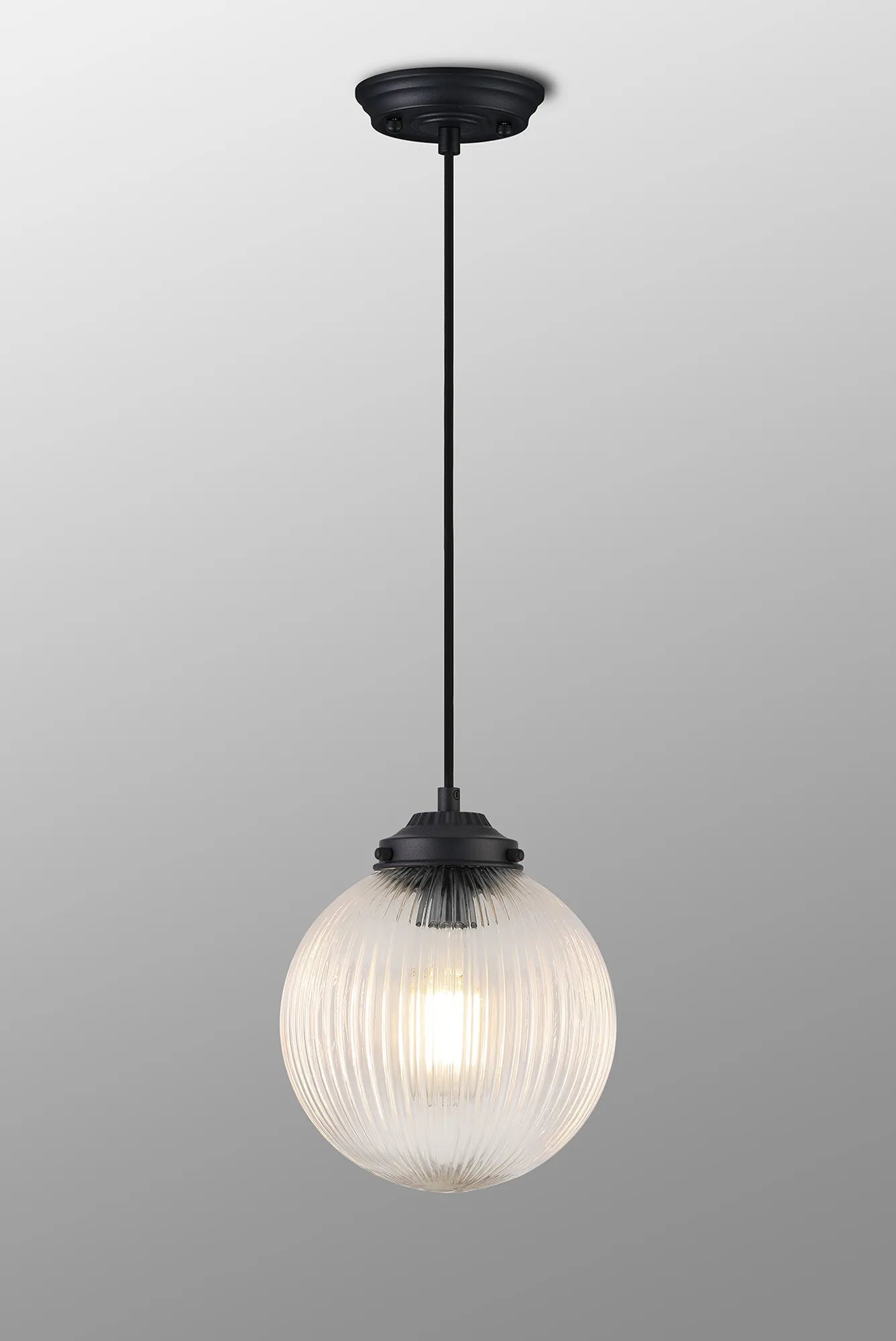 Grove Single Pendant with 20cm Acorn Ribbed Glass -Satin Black & Black Twisted Braided Cable & Clear
