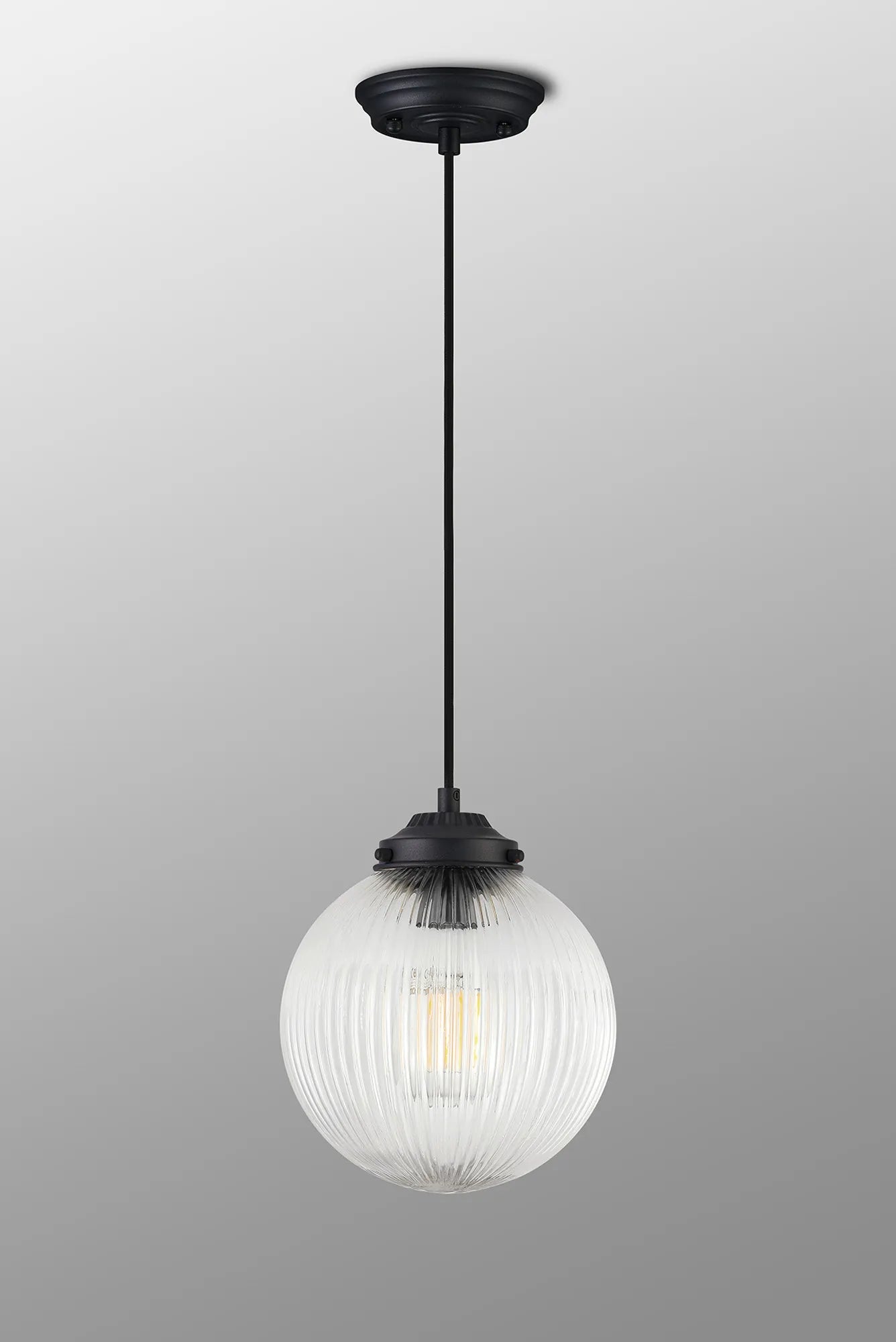 Grove Single Pendant with 20cm Acorn Ribbed Glass -Satin Black & Black Twisted Braided Cable & Clear