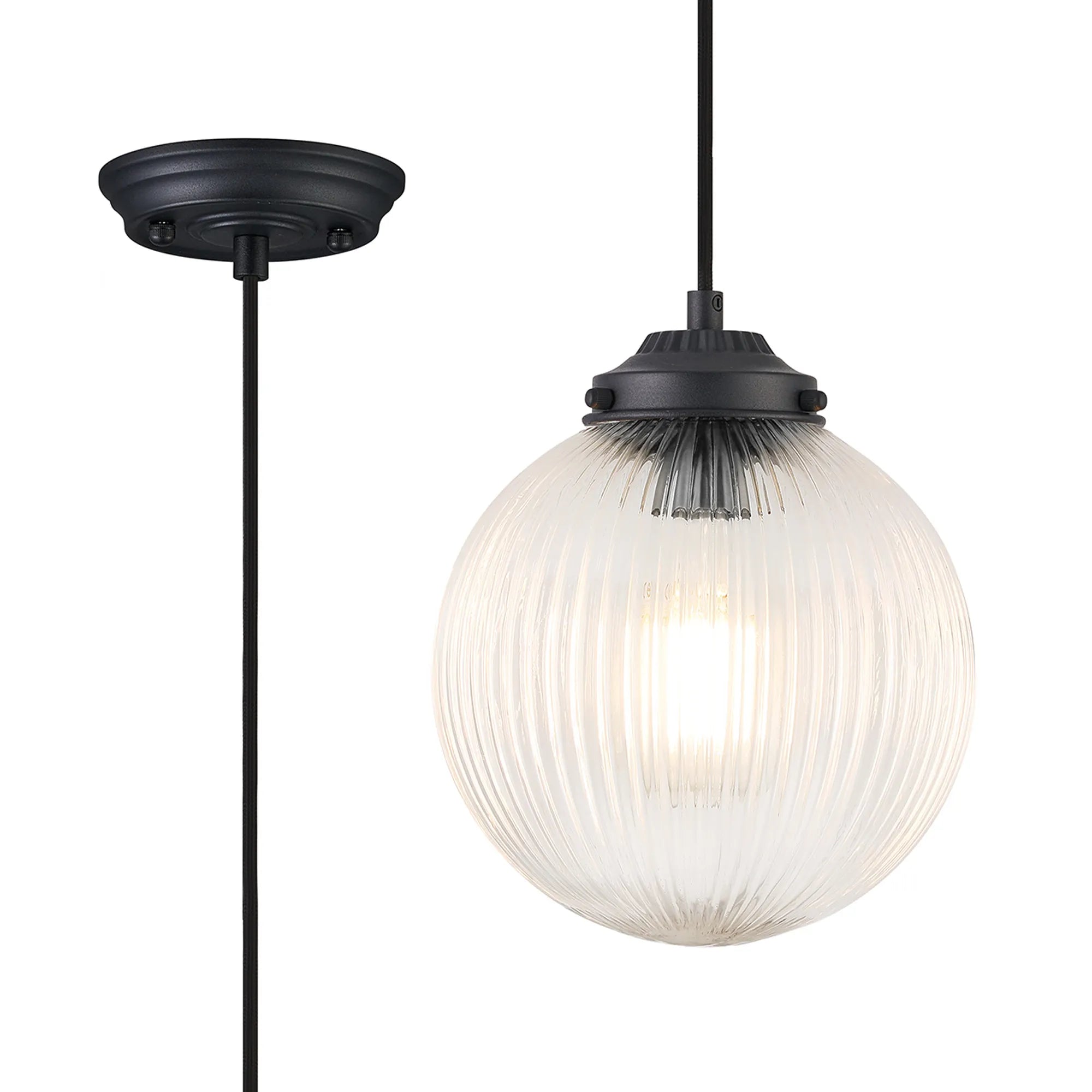 Grove Single Pendant with 20cm Acorn Ribbed Glass -Satin Black & Black Twisted Braided Cable & Clear