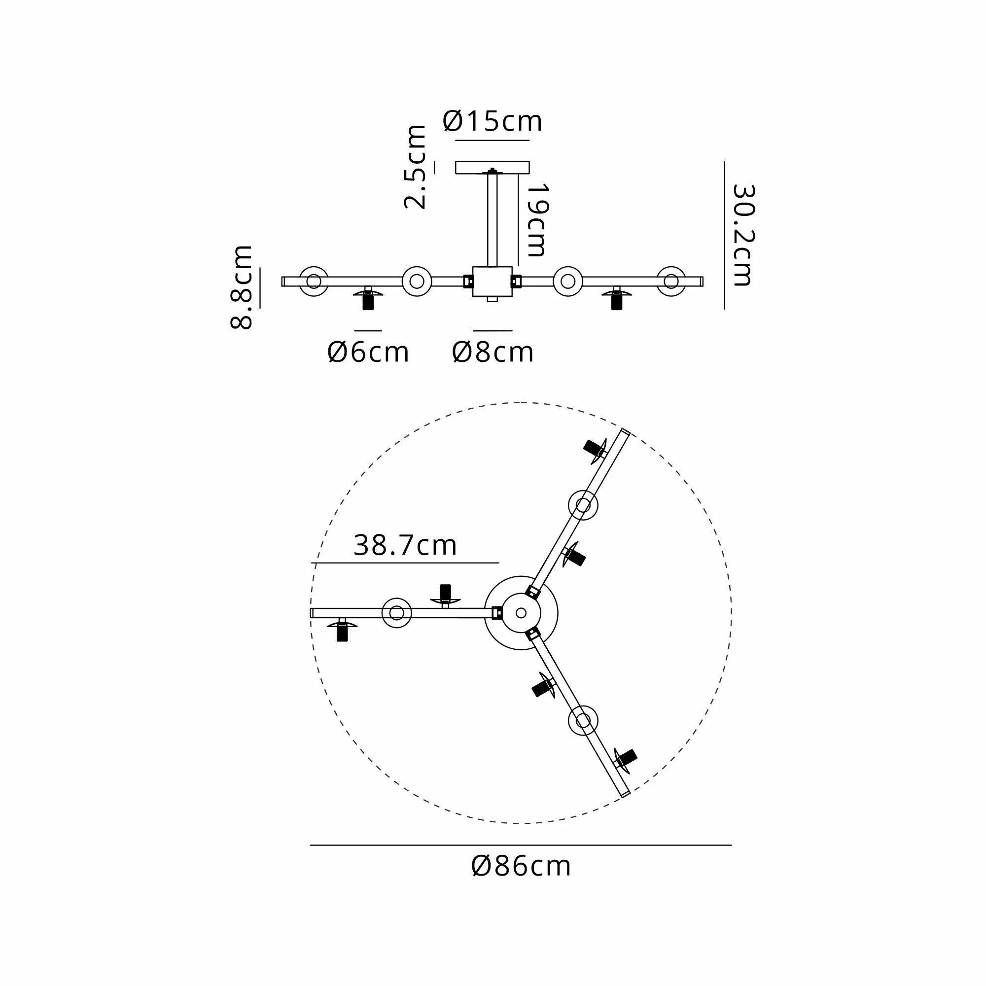Deacon Semi-Flush 3 Arm Ceiling Light - (Frame Only) 9 Light - Satin Black