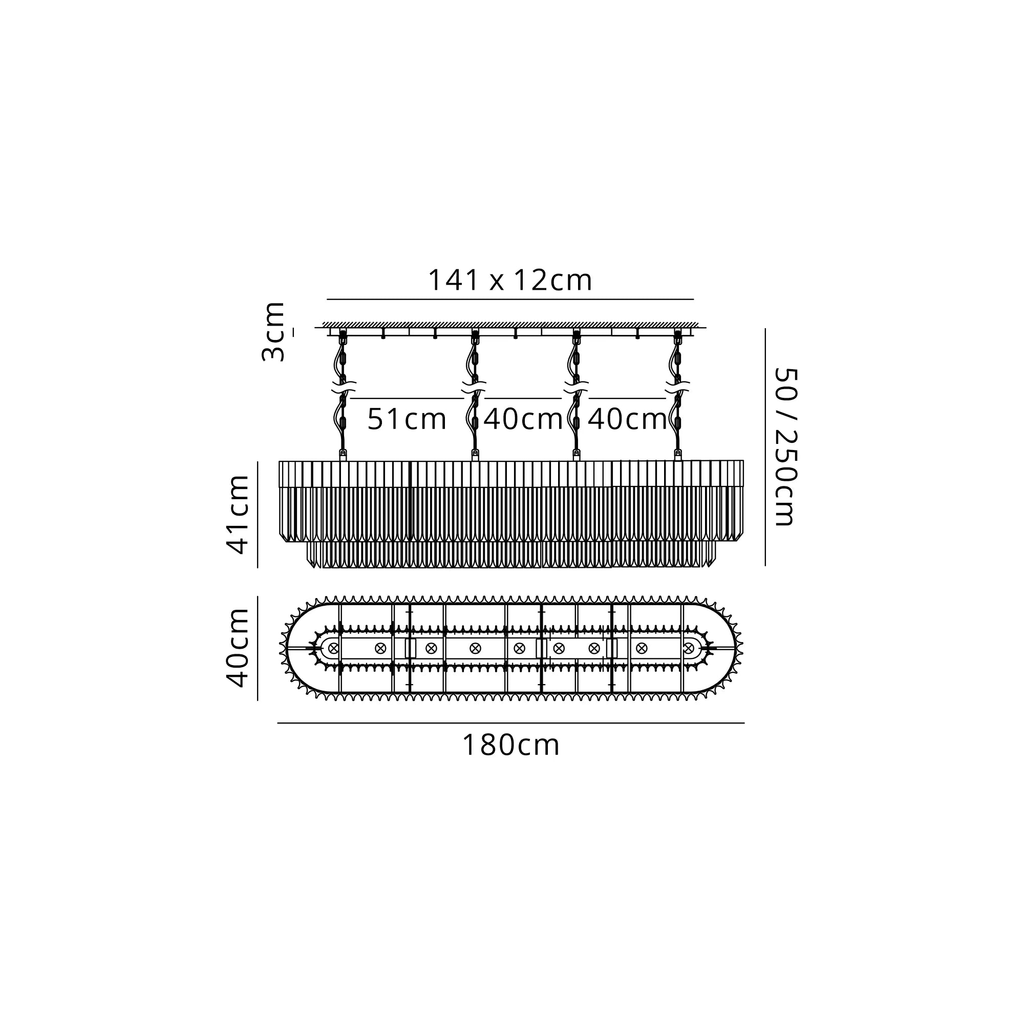 Cedar 180 x 40cm Linear Pendant 9 Light - Matt Black & Cognac Sculpted Glass