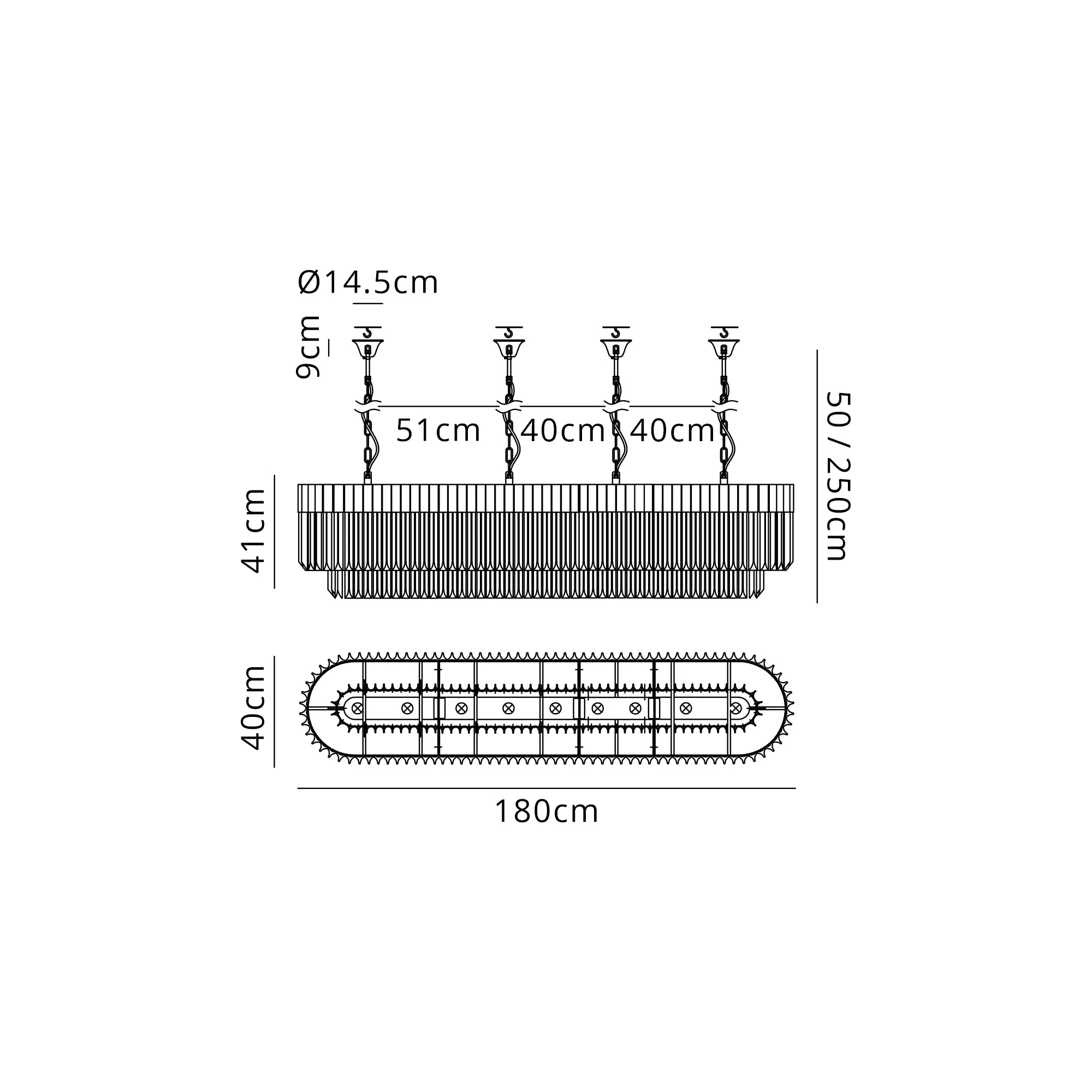 Cedar 180 x 40cm Linear Pendant With Bell Cup 9 Light - Polished Nickel & Cognac Sculpted Glass