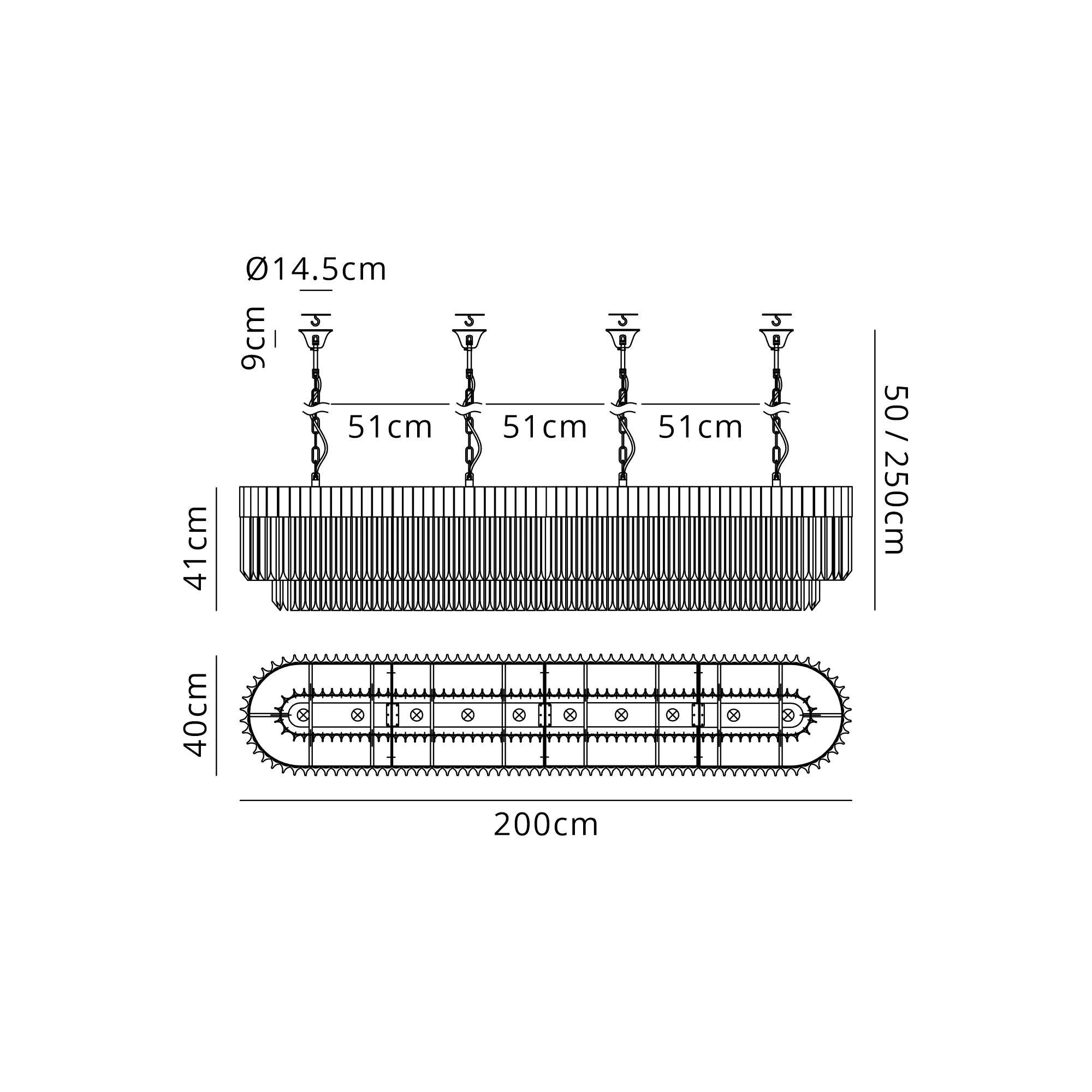 Cedar 200 x 40cm Linear Pendant With Bell Cup 10 Light - Matt Black & Smoked Sculpted Glass