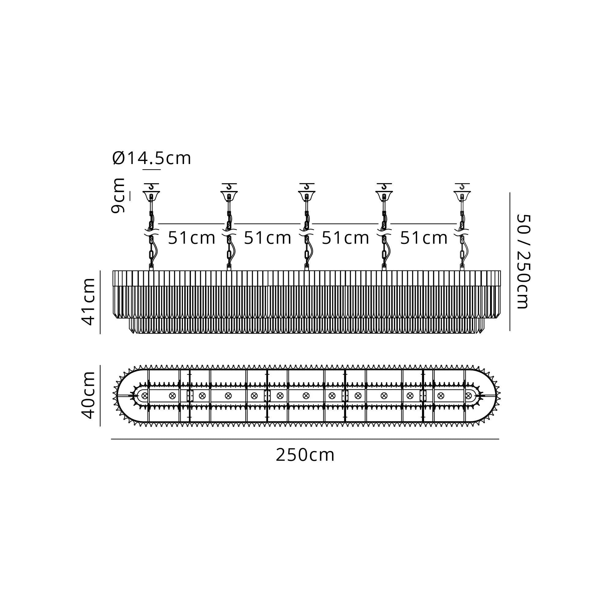 Cedar 250 x 40cm Linear Pendant With Bell Cup 13 Light - Matt Black & Cognac Sculpted Glass