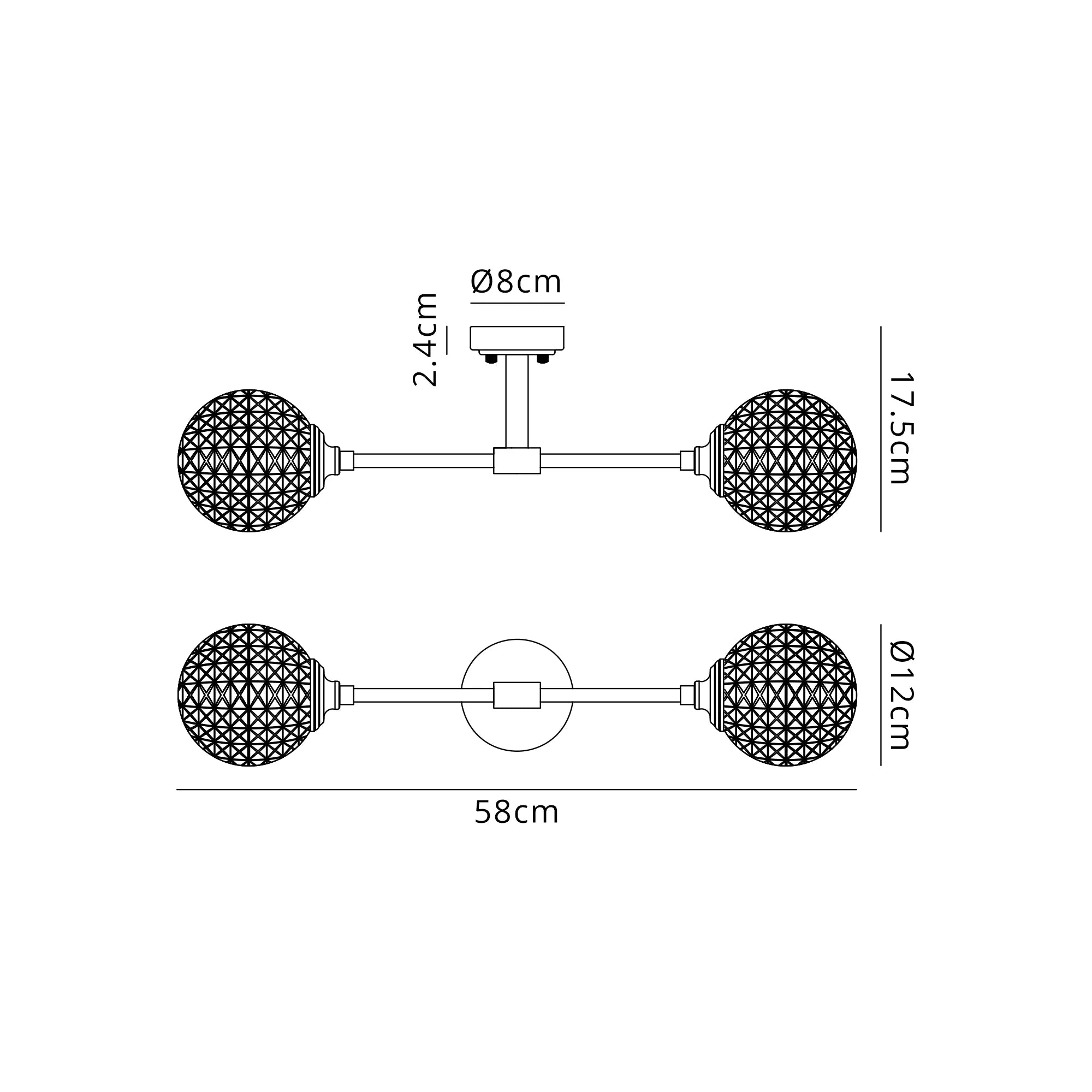 Dene Ceiling & Wall Light - Linear 2 Light - IP44 Satin Black & Glass Cross Pattern Round Glass