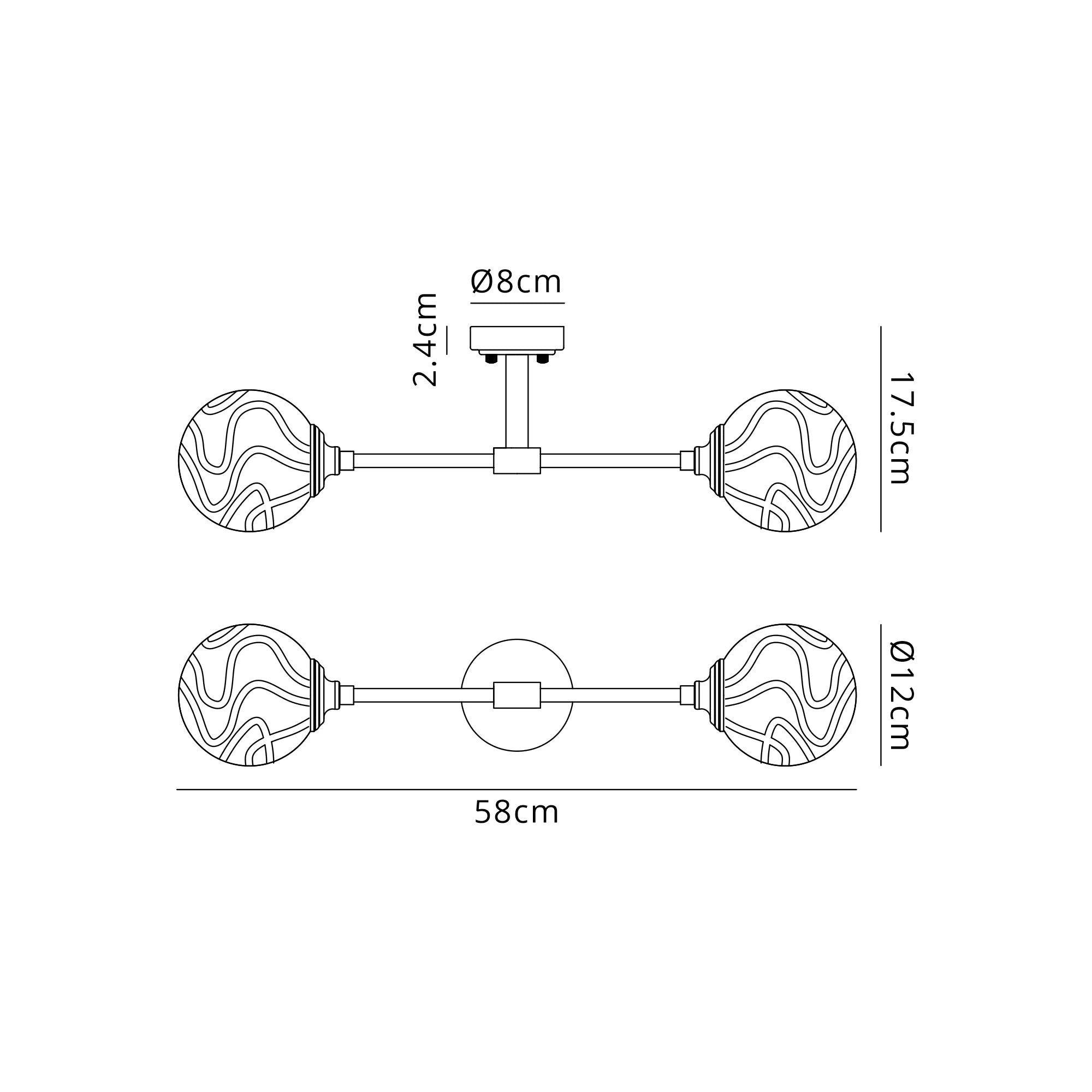 Dene Ceiling & Wall Light - Linear 2 Light - IP44 Satin Black & Glass Waved Round Glass