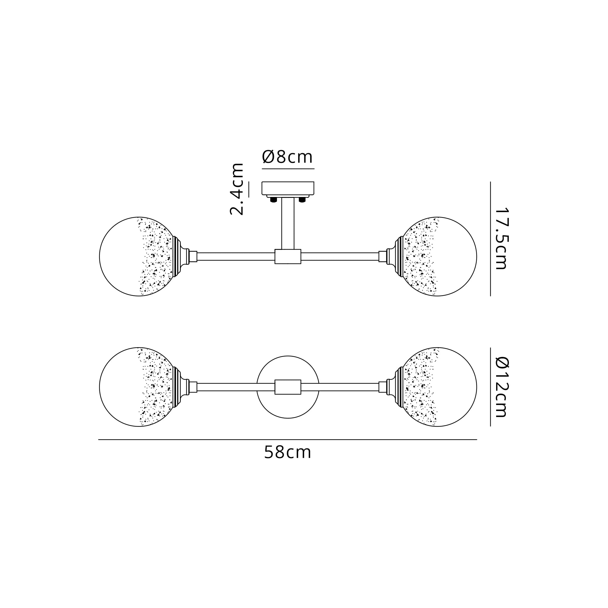 Dene Ceiling & Wall Light - Linear 2 Light - IP44 Satin Black & White Two-Tone Snow Specks Round Glass