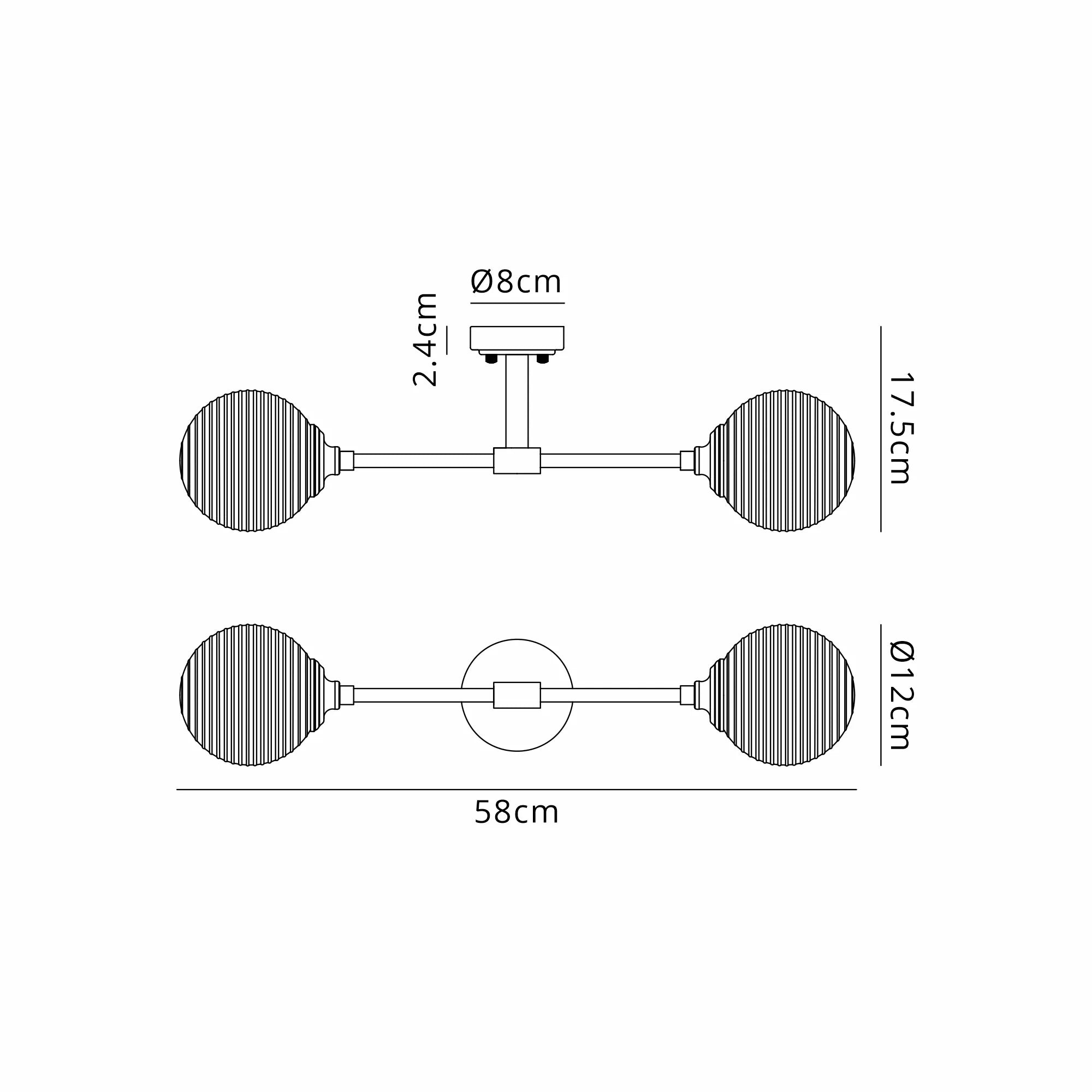 Dene Ceiling & Wall Light - Linear 2 Light - IP44 Nickel & Glass Ribbed Round Glass