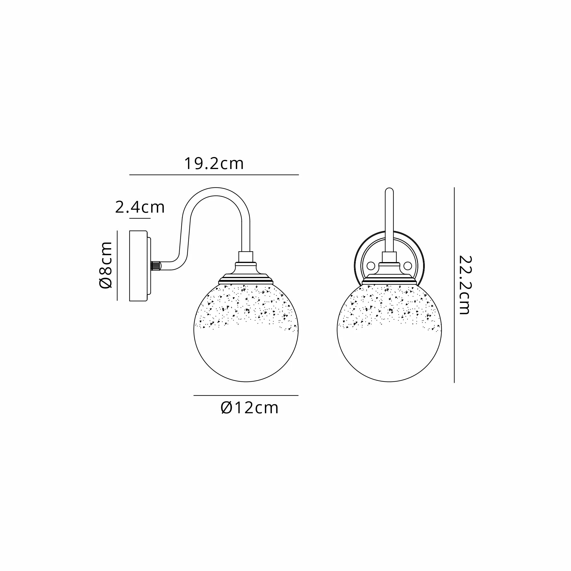 Dene Curved Arm Wall Light - 1 Light - IP44 Satin Black & White Two-Tone Snow Specks Round Glass