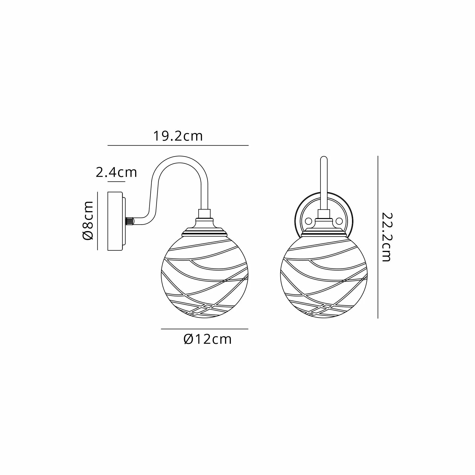 Dene Curved Arm Wall Light - 1 Light - IP44 Polished Nickel & Clear Dune Effect Round Glass